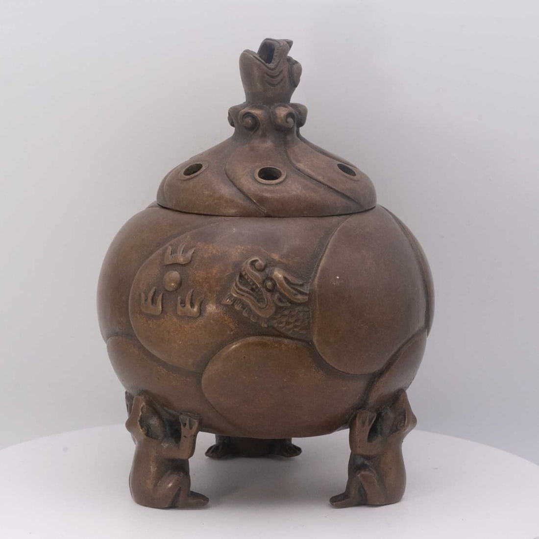 Antique Late Qing/Republic Chinese Bronze Figural Incense Burner & Cover: Medium: Bronze Size: 4.8x4.8x6.5 inches Age/Detail: Antique Late Qing/Republic Chinese Condition: great overall, check photo for condition reference. Provenance: Please view all the photos as they are