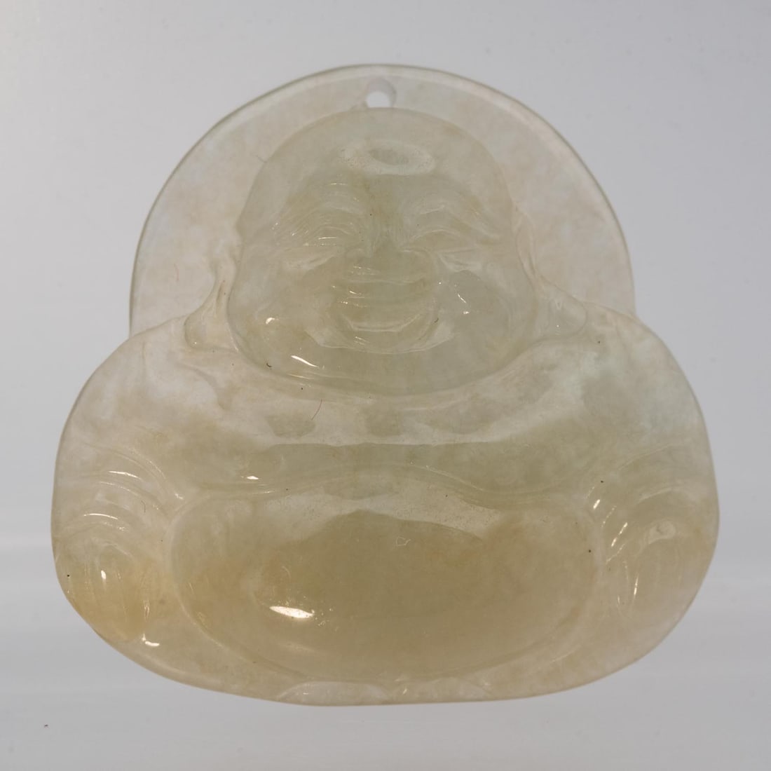 Vintage Chinese Icy Pale Celadon Jade Laughing Buddha Pendant: Medium: Icy Pale Celadon Jade Size: 1x1x0.2 inches Age/Detail: Vintage Chinese Condition: great overall, check photo for condition reference. Provenance: Collection from Estate in Williamsburg Please 