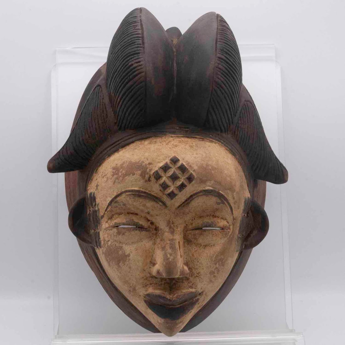 African Punu Mukudj Female Ancestor Carved Wood Mask with Kaolin Face and High Coiffure (1 of 5)