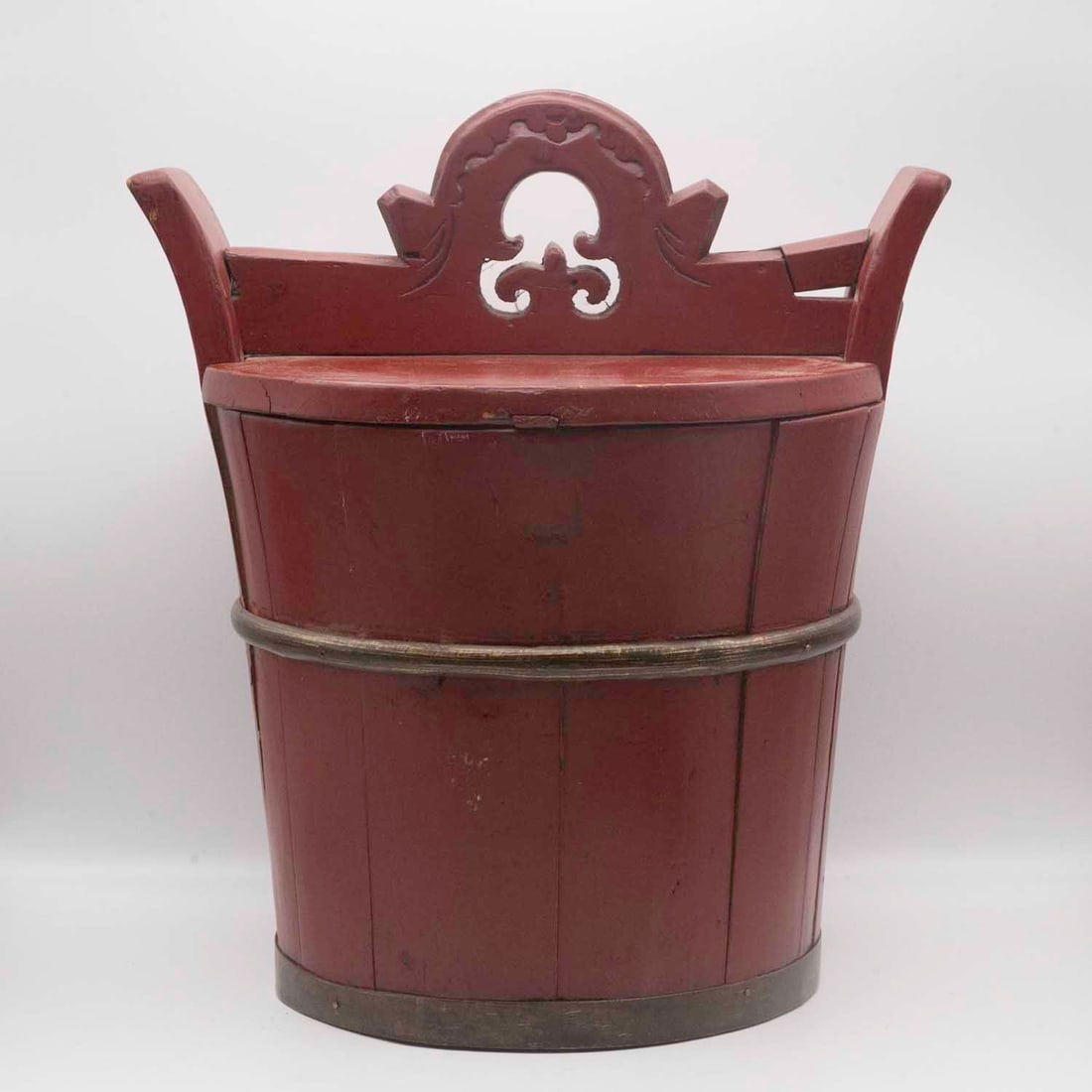 Late Qing–Republic Chinese Red Lacquered Wood Wedding Rice Bucket: Medium: Red Lacquered Wood Size: 11.6x9x13 inches Age/Detail: Late Qing–Republic Chinese Condition: great overall, check photo for condition reference. Extensive age-related wear throughout, includi