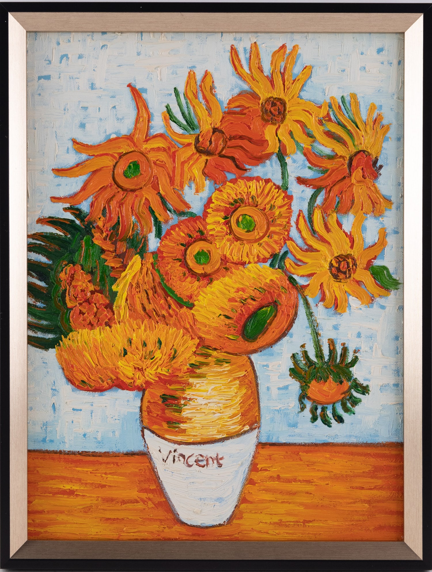 Hand Painted After Van Gogh Oil On Canvas "Sunflower 3": Title: Sunflower 3 Medium: Oil On Canvas Size: 16 x 12 inches Frame: 17 x 13 inches Age: Hand Painted Condition: Great Overall All Provenance: Please view all the photos as they are part of the condit