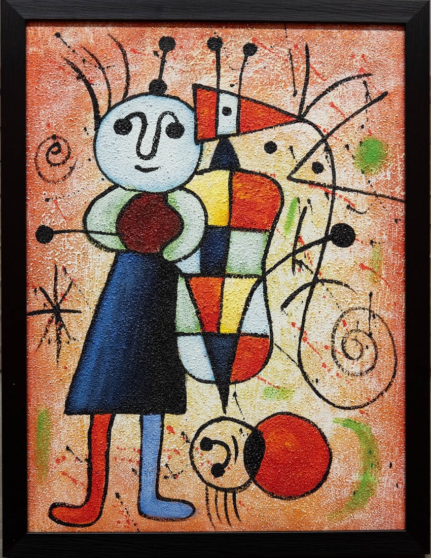 Contemporary After Miro Oil On Canvas "Boy Playing Cello 2": Title: Boy Playing Cello 2 Medium: Oil On Canvas Size: 12 x 16 inches Frame: 13 x 17 inches Age: Contemporary Condition: Great overall condition Provenance: Collection from Estate in Jamaica Please vi