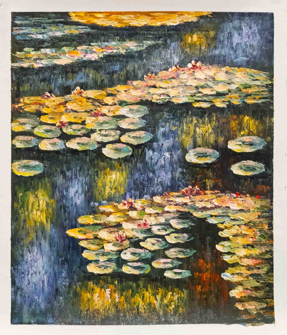 After Claude Monet Acrylic On Canvas "Lily Pond": Title: Lily Pond Medium: Acrylic On Canvas Size: 24 x 20 inches Condition: Great, hand painted, please check photo for condition reference Provenance: Please view all the photos as they are part of th