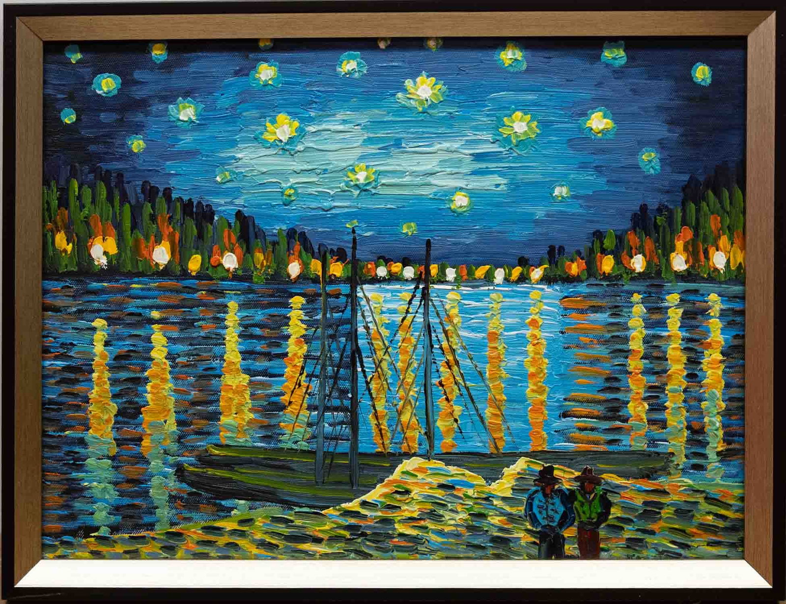 After Van Gogh Acrylic On Canvas "Starry Night Over The Rhone": Title: Starry Night Over The Rhone Medium: Acrylic On Canvas Size: 16 x 12 inches Frame: 17 x 13 inches Age: Condition: Great, hand painted, please check photo for condition reference Provenance: Plea