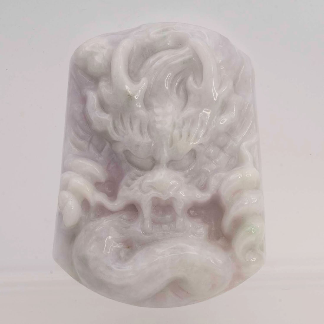 Chinese Carved Natural Pale Lavender Jadeite Dragon Plaque Pendant: Medium: Natural Pale Lavender Jadeite Size: 1.6x2.2x0.5 inches Age/Detail: Chinese Carved Condition: great overall, check photo for condition reference. Provenance: Collection from Estate in Williamsb
