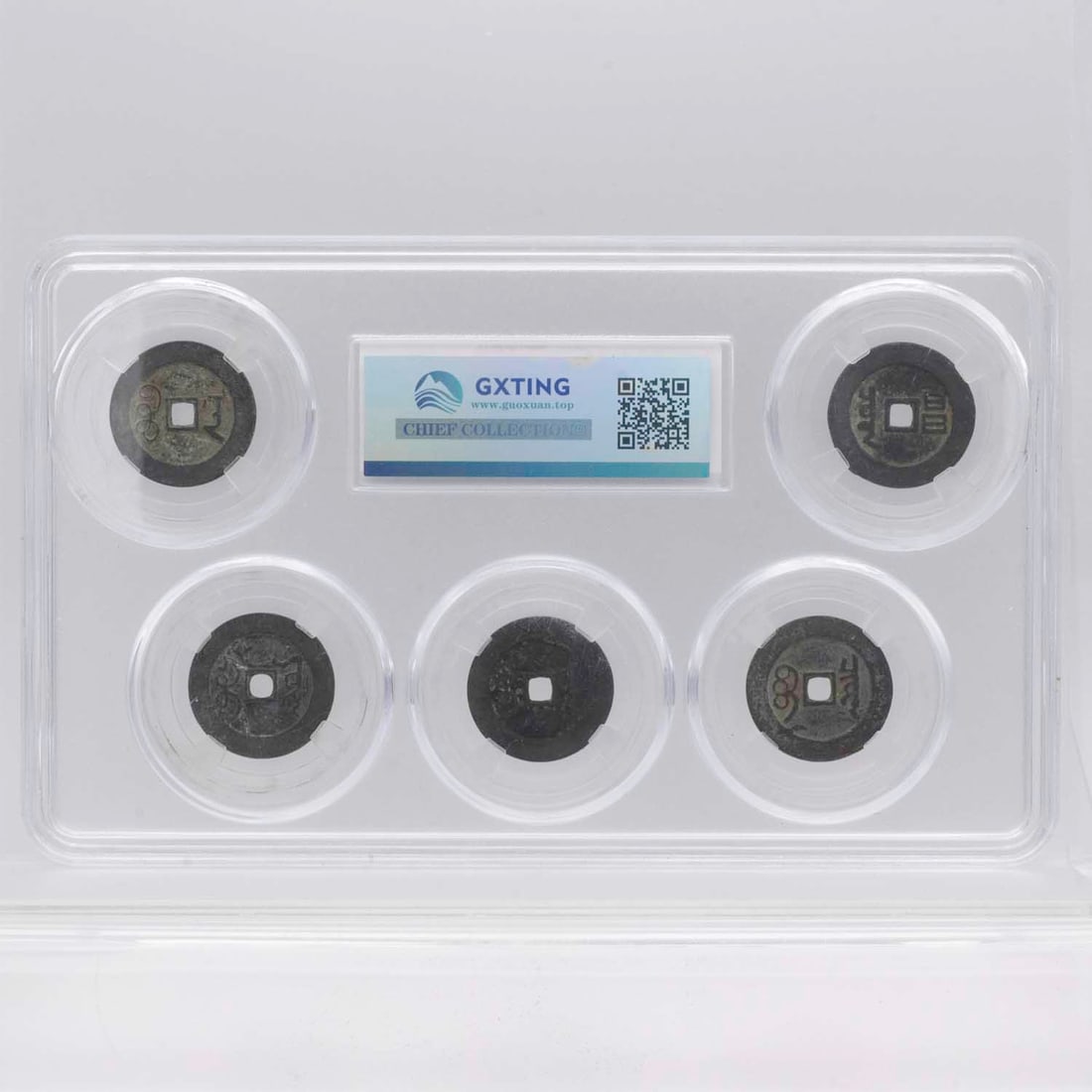 Set of 5 Qing Dynasty Five Emperors Cash Coins In Slab Set: Medium: Five Emperors Cash Coins Size: 7.5x4.5x0.4 inches Age/Detail: Set of 5 Qing Dynasty Condition: great overall, check photo for condition reference. Provenance: Collection from Estate in William