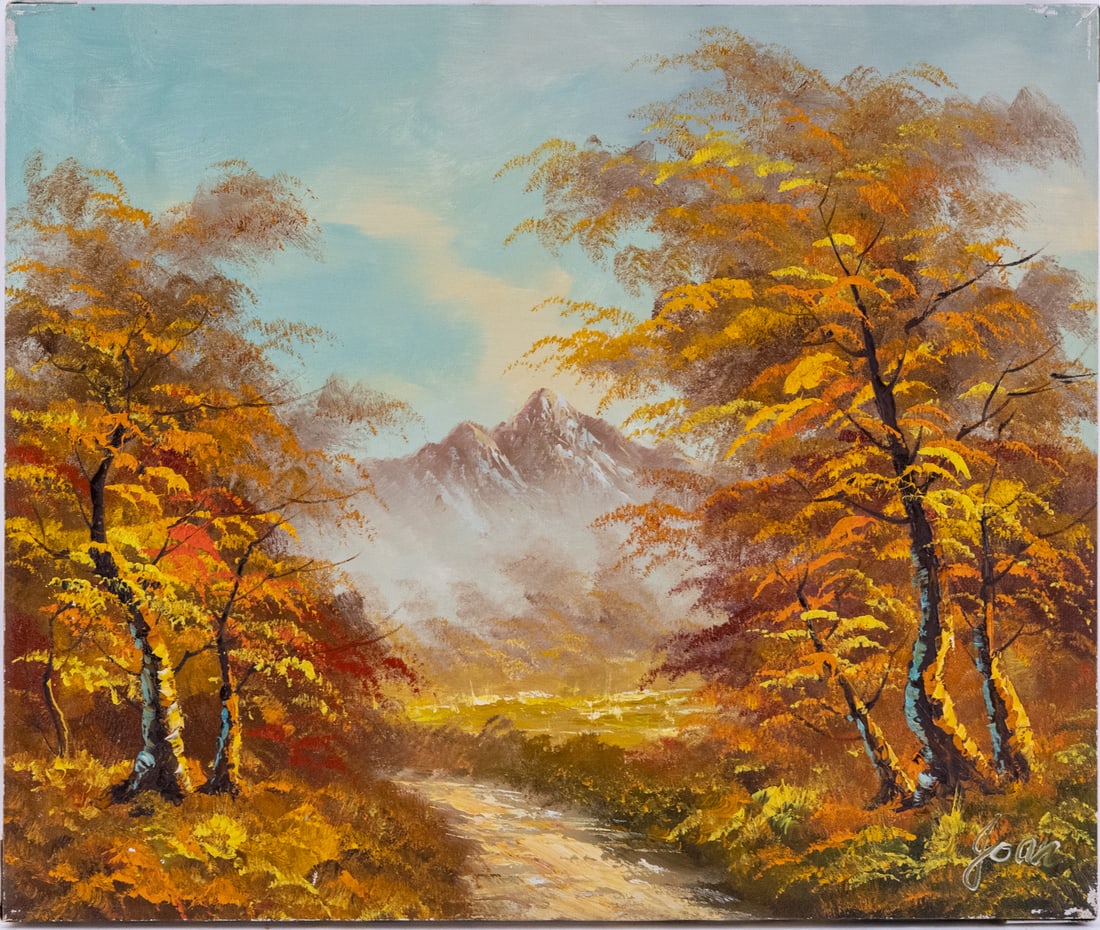 Vintage Scenic Oil On Canvas "Mountain In Autumn": Title: Mountain In Autumn Medium: Oil On Canvas Size: 20 x 24 inches Age: Vintage Condition: Great Overall All Signature: Signed Provenance: Collection From Glen Cove Please view all the photos as the