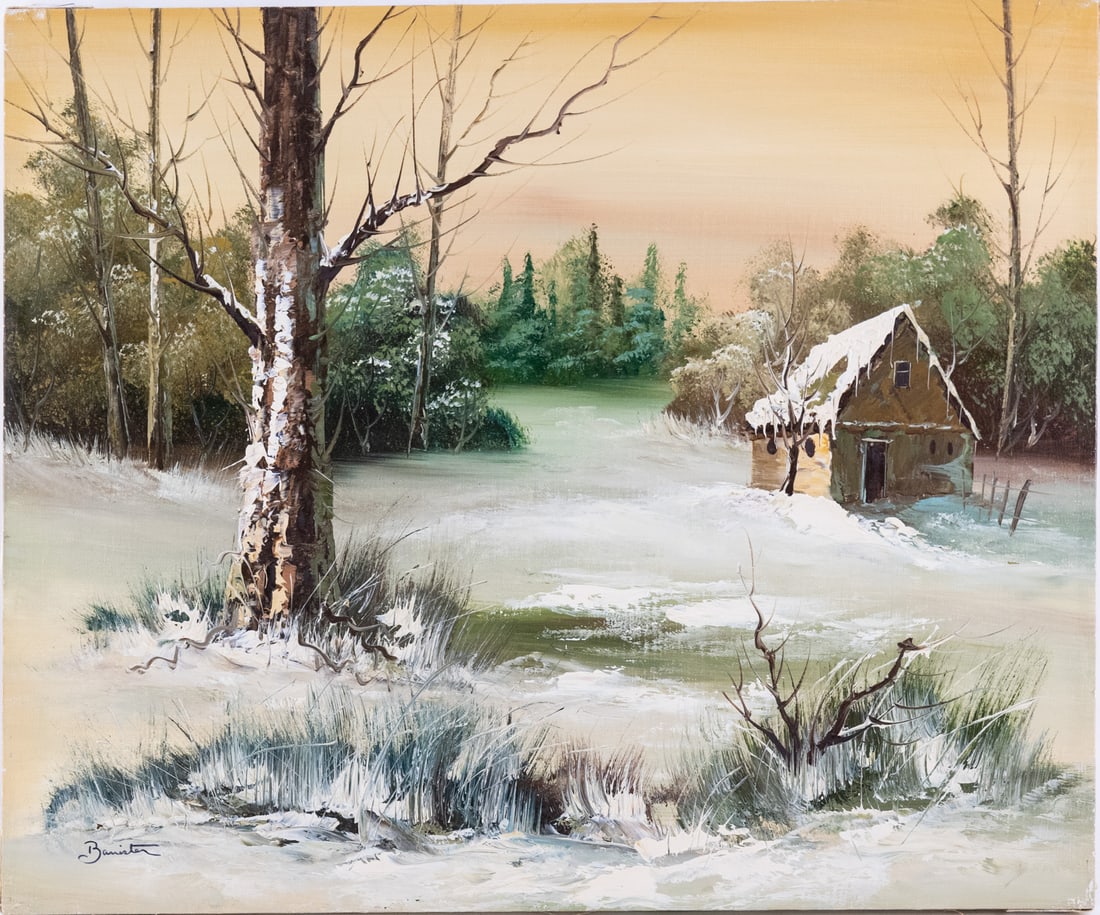 Vintage Scenic Oil On Canvas "Winter Cabin": Title: Winter Cabin Medium: Oil On Canvas Size: 20 x 24 inches Age: Vintage Condition: Great Overall All Signature: Signed Provenance: Collection From Glen Cove Please view all the photos as they are 