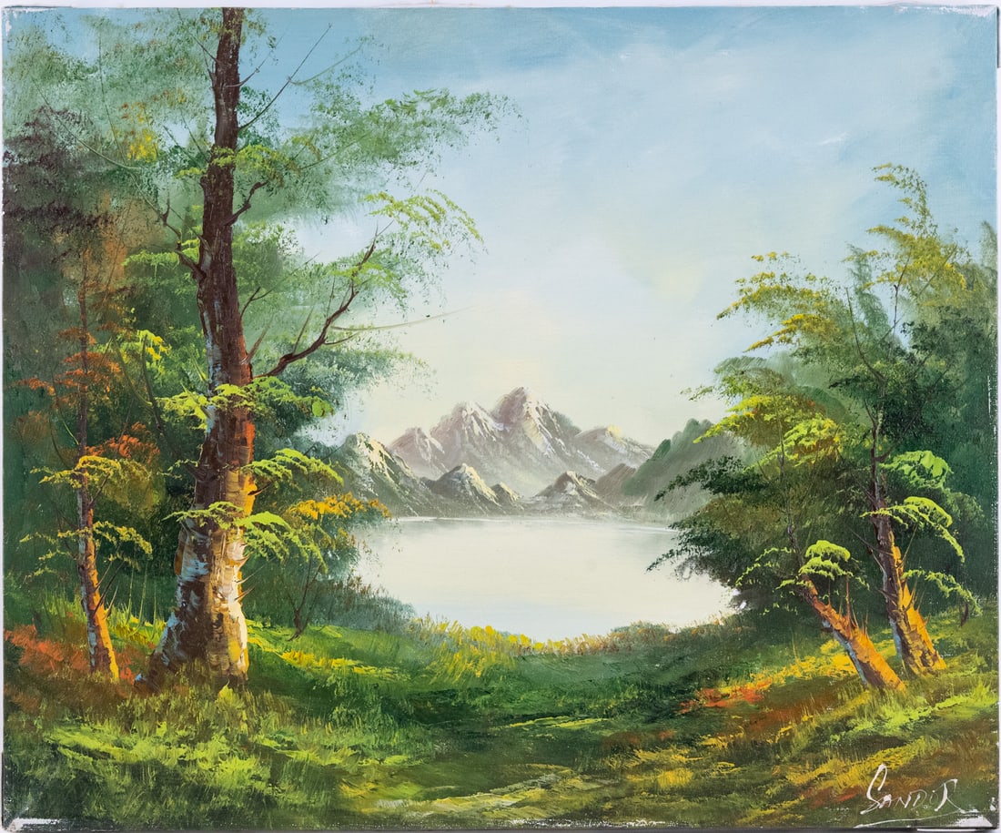 Vintage Scenic Oil On Canvas "Forest Near Mountain": Title: Forest Near Mountain Medium: Oil On Canvas Size: 20 x 24 inches Age: Vintage Condition: Great Overall All Signature: Signed Provenance: Collection From Glen Cove Please view all the photos as t