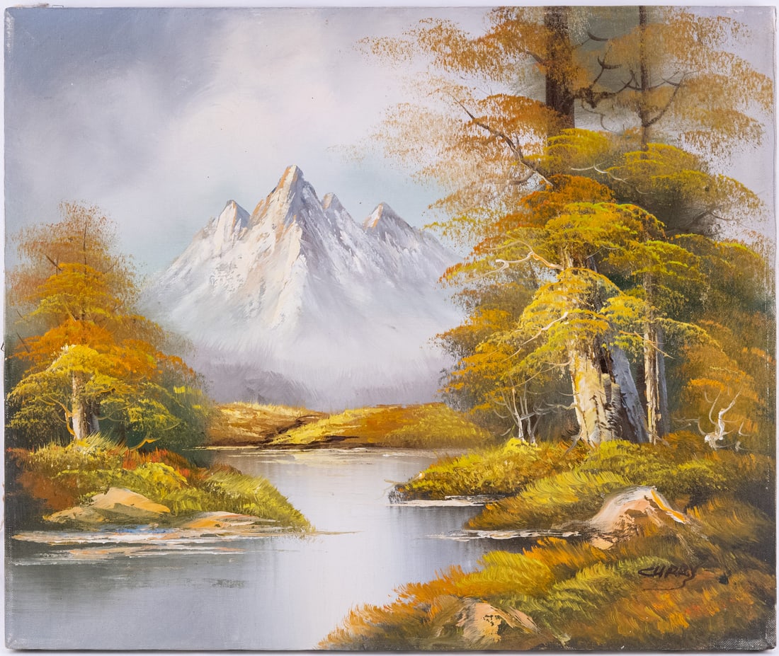 Vintage Scenic Oil On Canvas "DIstant Mountain": Title: DIstant Mountain Medium: Oil On Canvas Size: 20 x 24 inches Age: Vintage Condition: Great Overall All Signature: Signed Provenance: Collection From Glen Cove Please view all the photos as they 