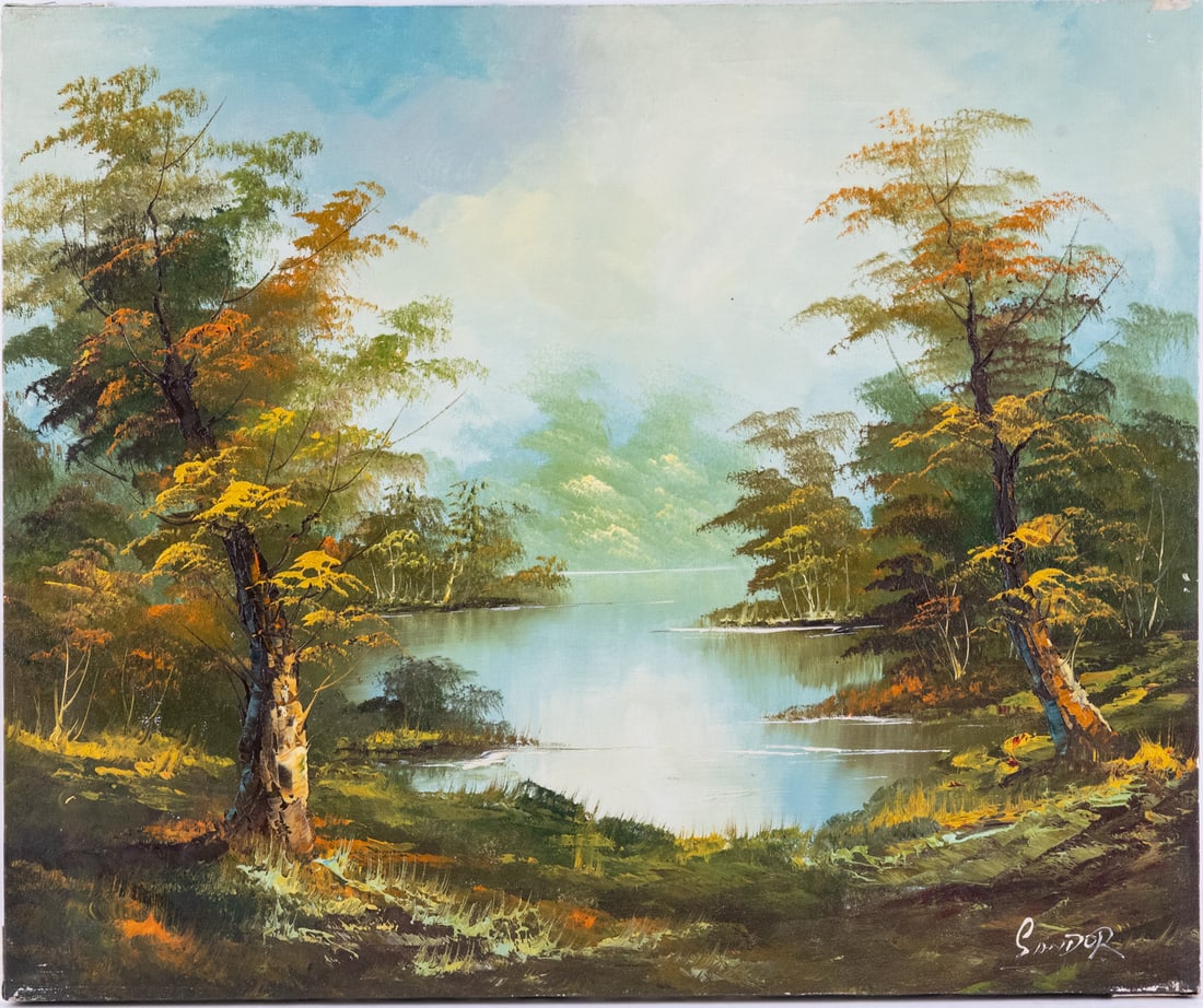 Vintage Scenic Oil On Canvas "Lake Landscape": Title: Lake Landscape Medium: Oil On Canvas Size: 20 x 24 inches Age: Vintage Condition: Great Overall All Signature: Signed Provenance: Collection From Glen Cove Please view all the photos as they ar
