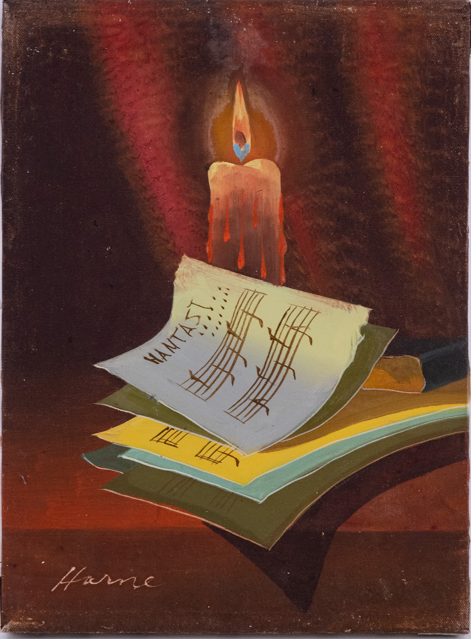 Vintage Still Life Oil On Canvas "Candle And Music Sheet": Title: Candle And Music Sheet Medium: Oil On Canvas Size: 12 x 16 inches Age: Vintage Condition: Great Overall All Signature: Signed Provenance: Collection From Glen Cove Please view all the photos as