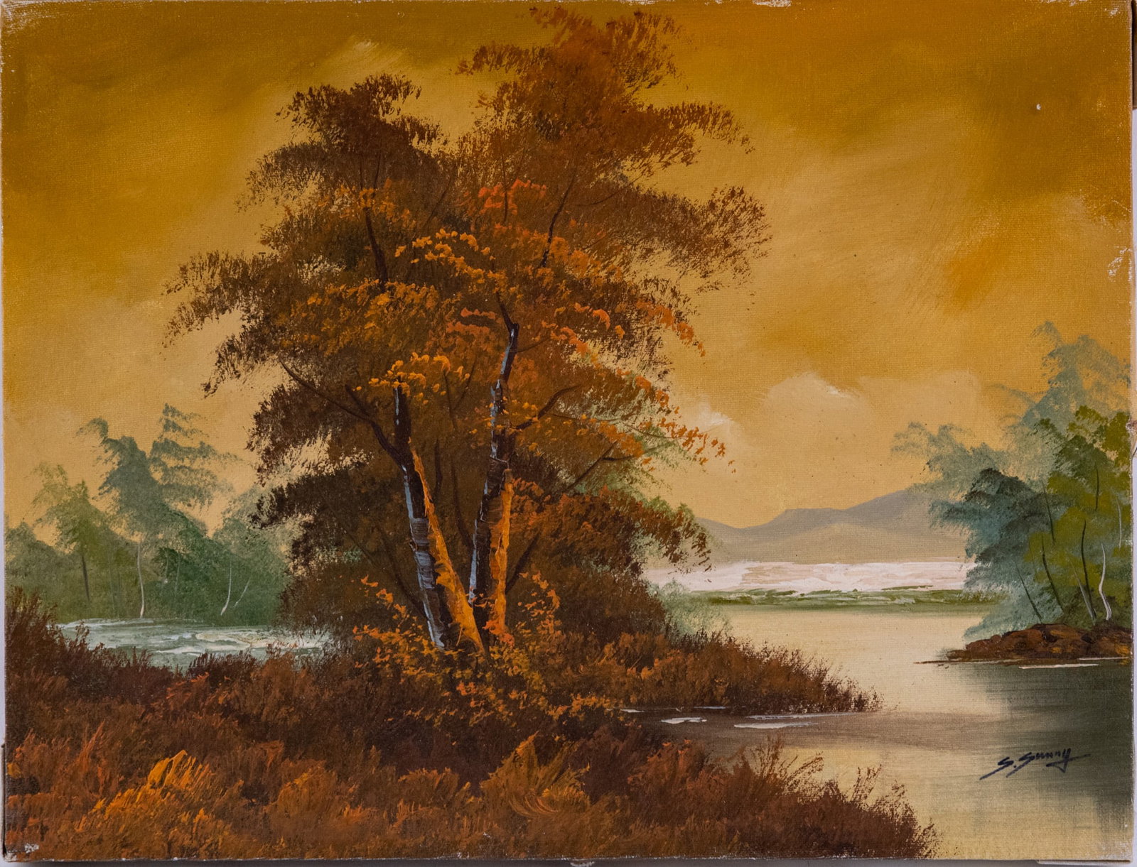 Vintage Scenic Oil On Canvas "Autumn Trees": Title: Autumn Trees Medium: Oil On Canvas Size: 12 x 16 inches Age: Vintage Condition: Great Overall All Signature: Signed Provenance: Collection From Glen Cove Please view all the photos as they are 