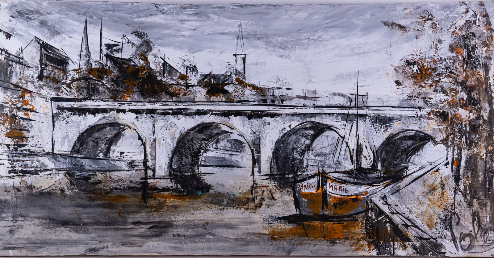 Vintage Modernist Oil On Canvas "Bridge Scene": Title: Bridge Scene Medium: Oil On Canvas Size: 23 x 46 inches Age: Vintage Condition: Great Overall All Signature: Signed Provenance: Collection From Glen Cove Please view all the photos as they are 