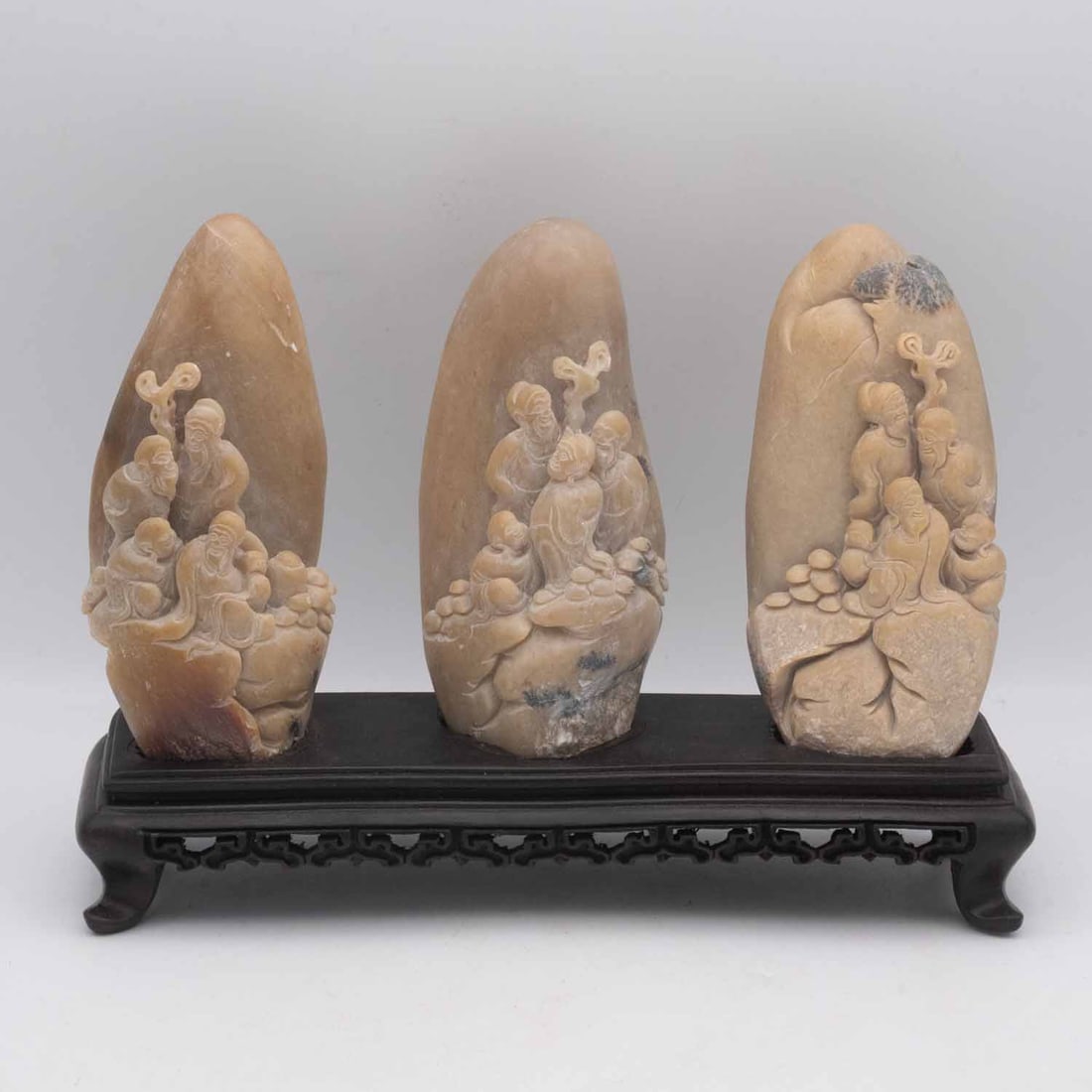 Chinese Carved Shoushan Stone Three Deity Sculptures: Medium: Shoushan Stone Size: 8.5x2.5x6.5 inches Age/Detail: Chinese Carved Condition: great overall, check photo for condition reference. Provenance: Collection from Estate in Williamsburg Please view
