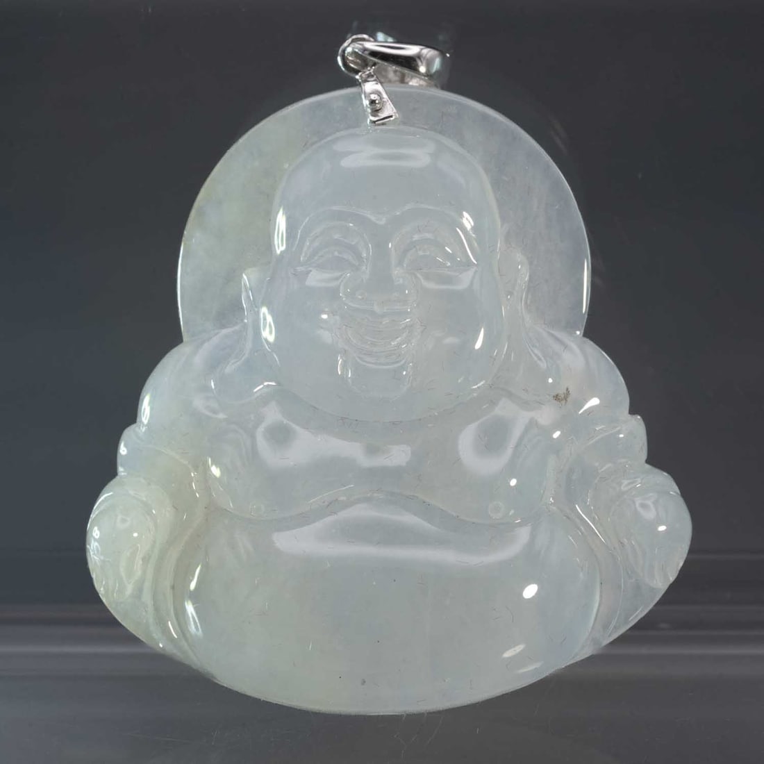 14k White Gold Latch Natural Icy White Jade Buddha Pendant: Medium: Natural Icy White Jade Size: 1.7x1.5x0.3 inches Age/Detail: 14k White Gold Latch Condition: great overall, check photo for condition reference. Provenance: Collection from Estate in Williamsbu