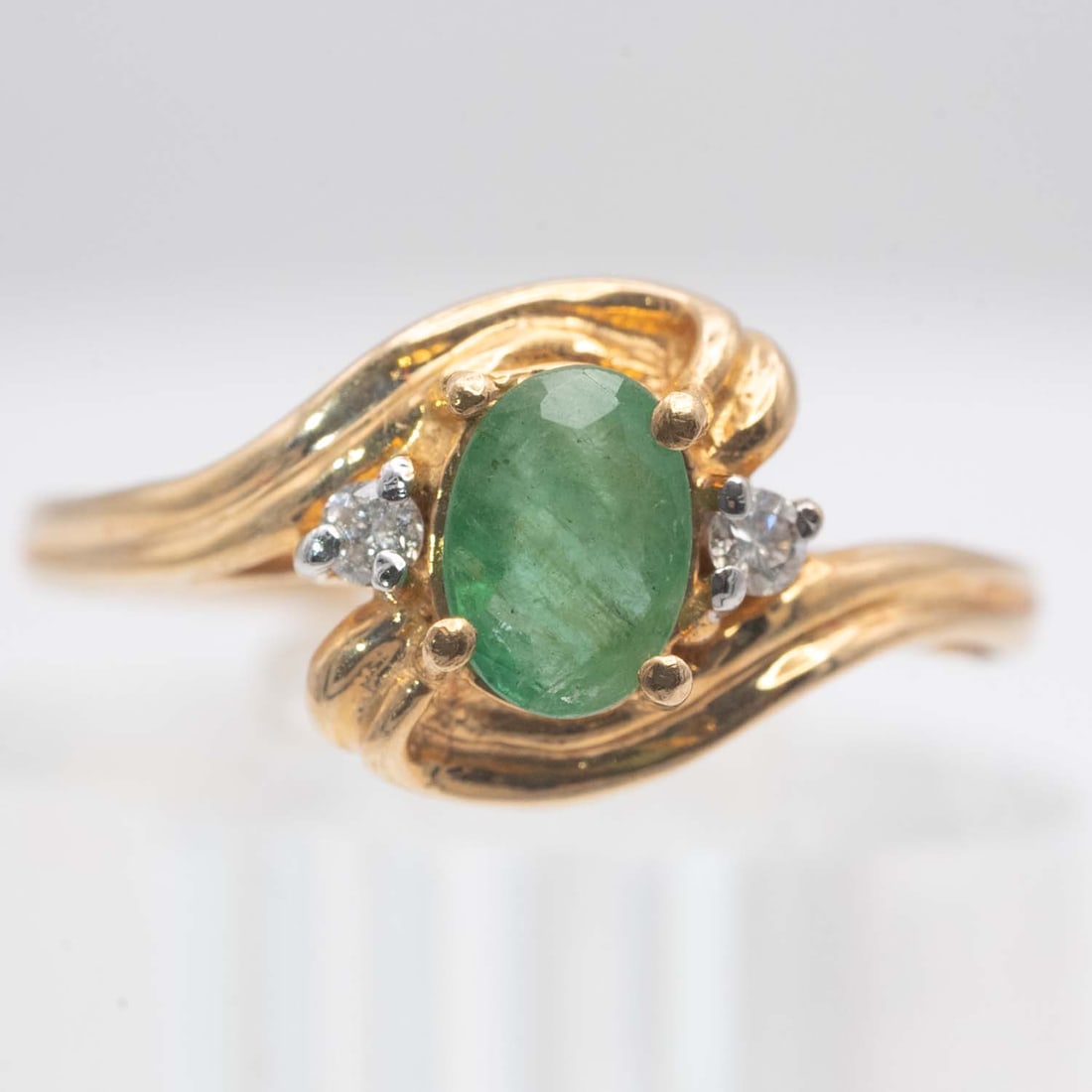 Vintage 14k Gold Emerald And Diamond Ring: Medium: Emerald And Diamond Size: US7, 2gram Age/Detail: Vintage 14k Gold Condition: great overall, check photo for condition reference. Provenance: Collection from Estate in Williamsburg Please view 