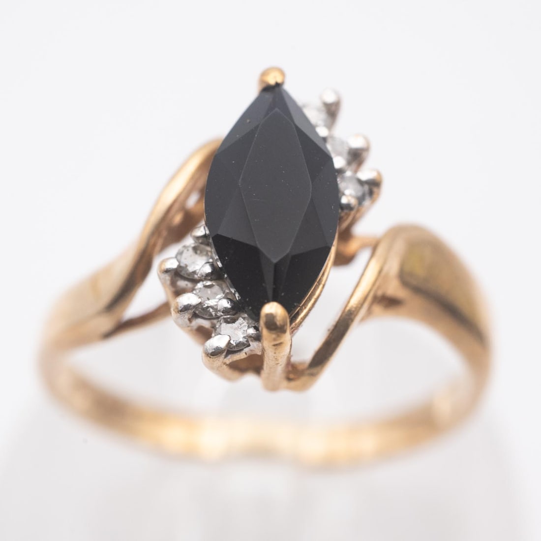 10K Gold Natural Ink Jadeite And Diamond Ring: Medium: Natural Ink Jadeite And Diamond Size: US6.5, 2.5 gram Age/Detail: 10K Gold Condition: great overall, check photo for condition reference. Provenance: Collection from Estate in Tribecca Please 