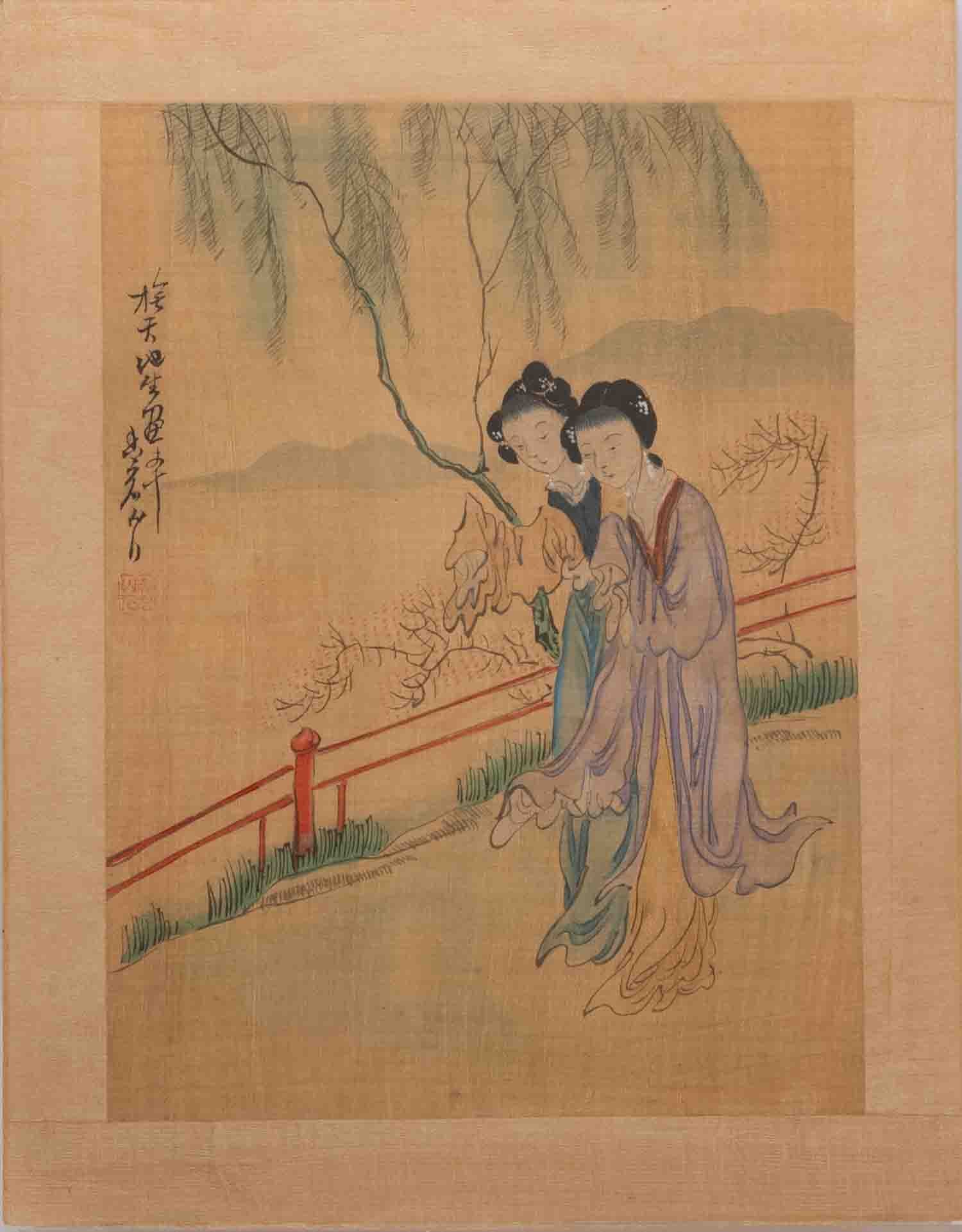 Old Chinese 20th Century Hand Painted Watercolor On Silk Court Ladies: Medium: Watercolor On Silk Size: 8.8x11.2 inches Age/Detail: Old Chinese 20th Century Hand Painted Condition: great overall, check photo for condition reference. Provenance: Collection from Estate in 
