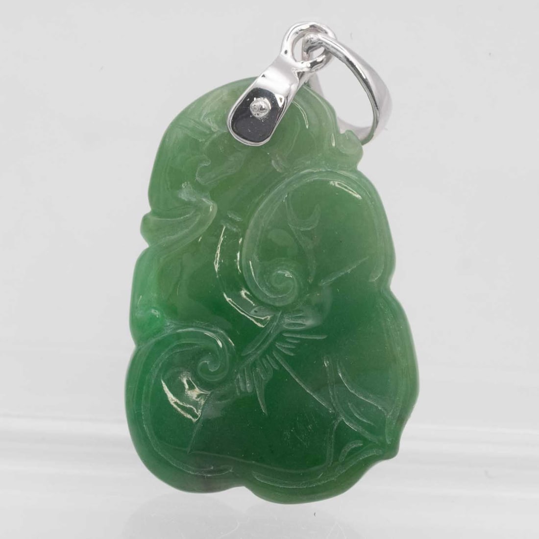 14k White Gold Bail Natural Spinach Green Jade Ruyi Pendant (1 of 5)