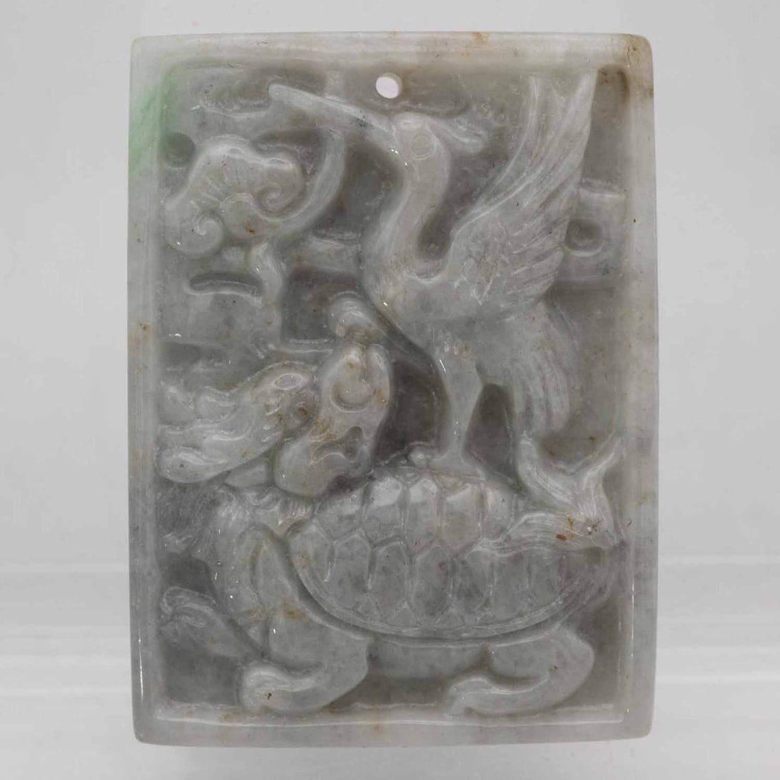 Chinese Carved Natural White Jadeite Crane And Xuanwu Pendant: Medium: Natural White Jadeite Size: 1.5x1.2x0.4 inches Age/Detail: Chinese Carved Condition: great overall, check photo for condition reference. Provenance: Collection from Estate in Tribecca Please v