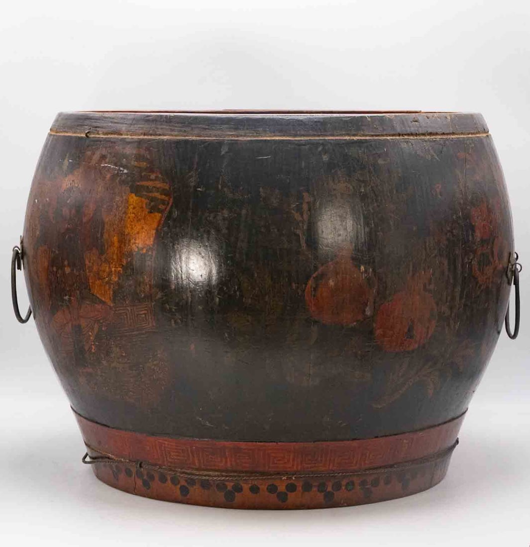 Antique Late Qing Chinese Figural Black Lacquer Wood Rice Barrel (1 of 11)