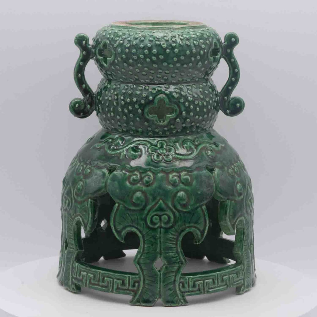 Antique Late Qing Chinese Shiwan Green-Glazed Porcelain Elephant Openwork Censer