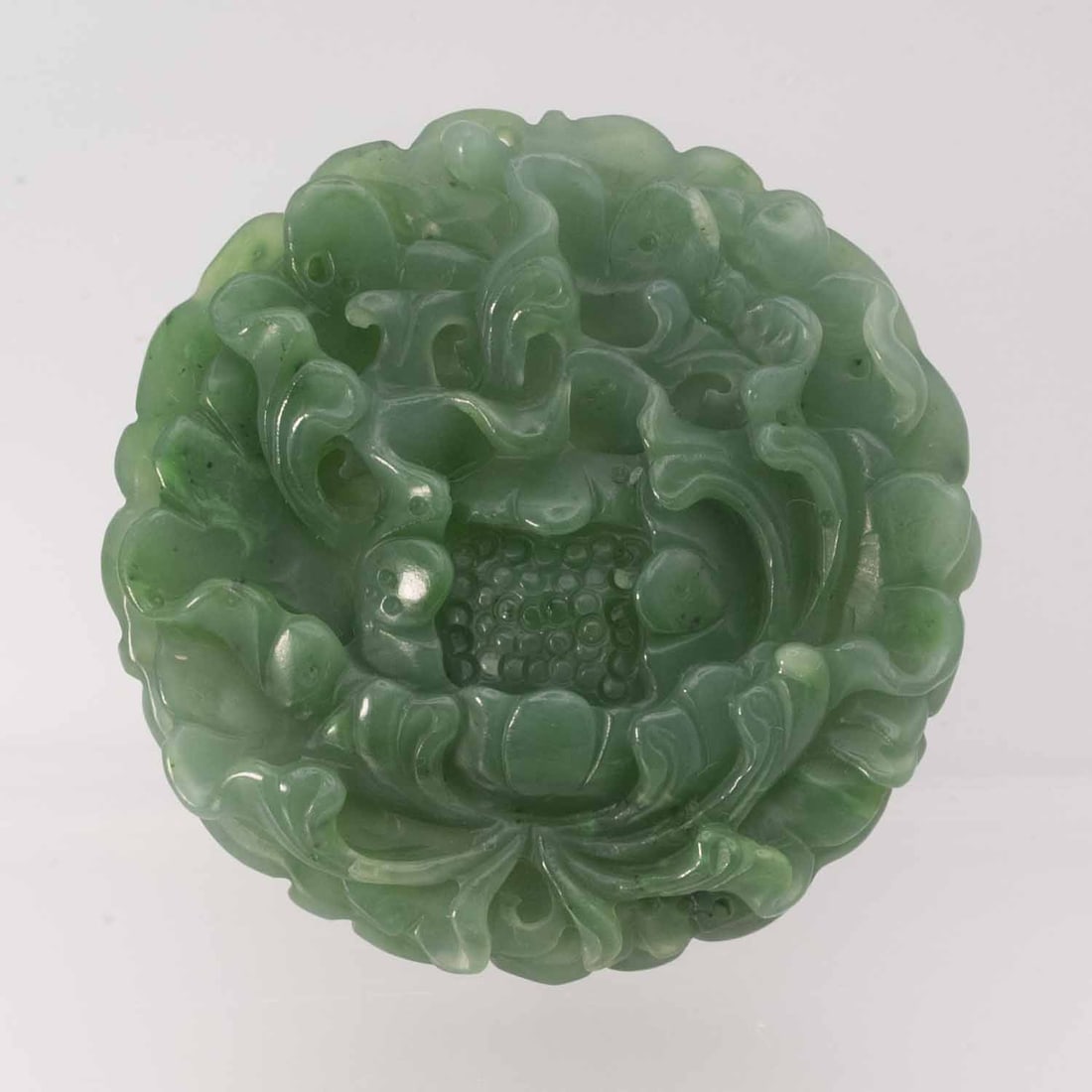 Chinese Carved Natural Spinach Green Nephrite Jade Lotus Pendant: Medium: Natural Spinach Green Nephrite Jade Size: 2.3x2.3x0.4 inches Age/Detail: Chinese Carved Condition: great overall, check photo for condition reference. Provenance: Please view all the photos as