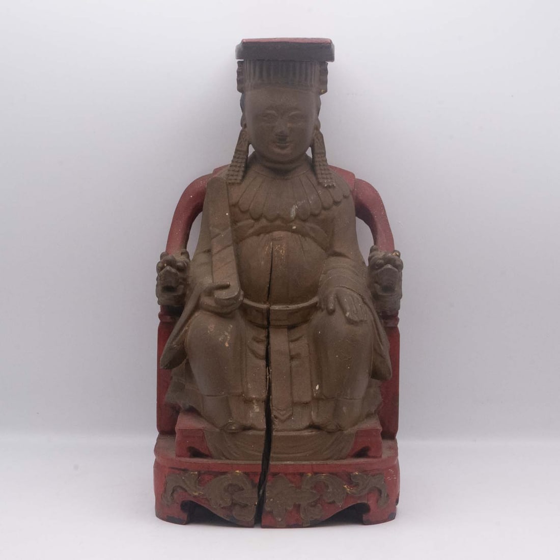 Antique 19th C. Chinese/Taiwanese Polychrome Wood Mazu Goddess Figure: Medium: Polychrome Wood Size: 4.3x5.3x10.5 inches Age/Detail: Antique 19th C. Chinese/Taiwanese Condition: crackers, check photo for condition reference. Provenance: Please view all the photos as they