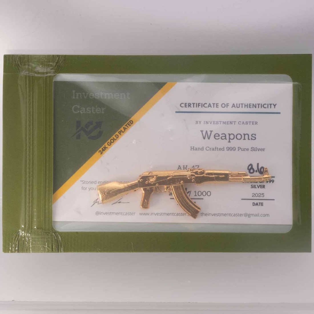 2025 Investment Caster Golden AK47 Limited Silver Figure: MLC01409 Provenance: Acquired from reputable coin dealers. Subject: Investment Caster Golden AK47 Limited Silver Figure Medium: 999 Silver Year: 2025 Condition: MS With COA 24K gold plated Numbered. O