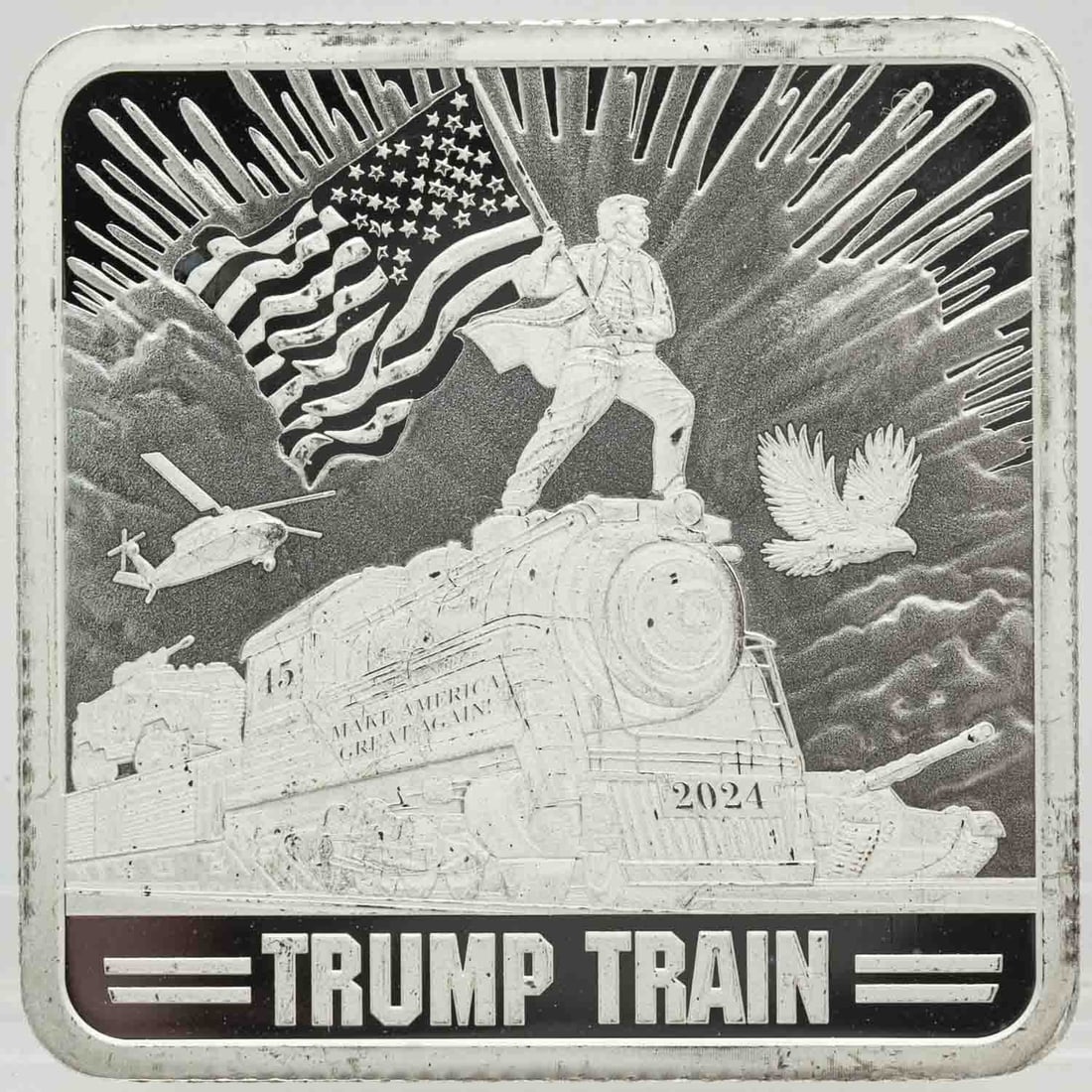 2024 Rare Trump Train 1oz Silver Bar: Subject: Rare Trump Train 1oz Silver Bar Medium: 999 Silver Year: 2024 Condition: MS Note: Any condition statement is given as an opinion and should not be treated as a statement of fact. Please see