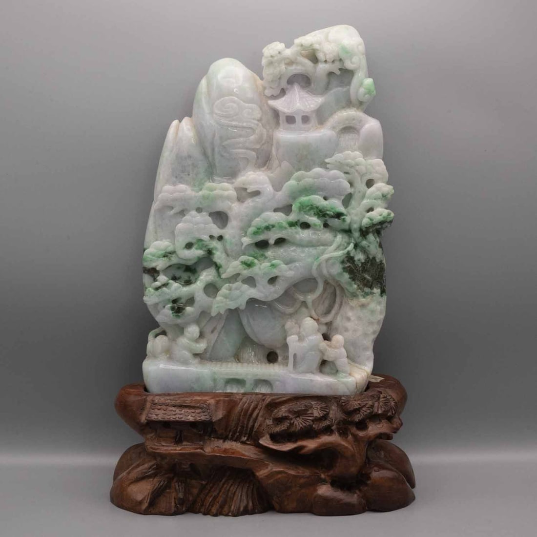 Chinese Carved Natural Type A Jadeite Scholar Landscape Figure: Medium: Natural Type A Jadeite Size: 7.5x4x11.5 inches Age/Detail: Chinese Carved Condition: great overall, check photo for condition reference. Carved natural green and white jadeite landscape group