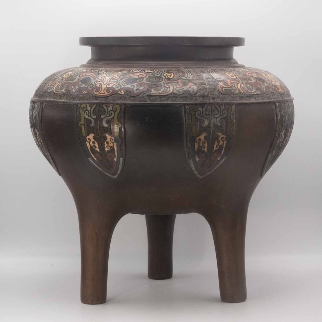 Antique Chinese Qing Dynasty Champlevé Enamel Bronze Tripod Censer (1 of 8)