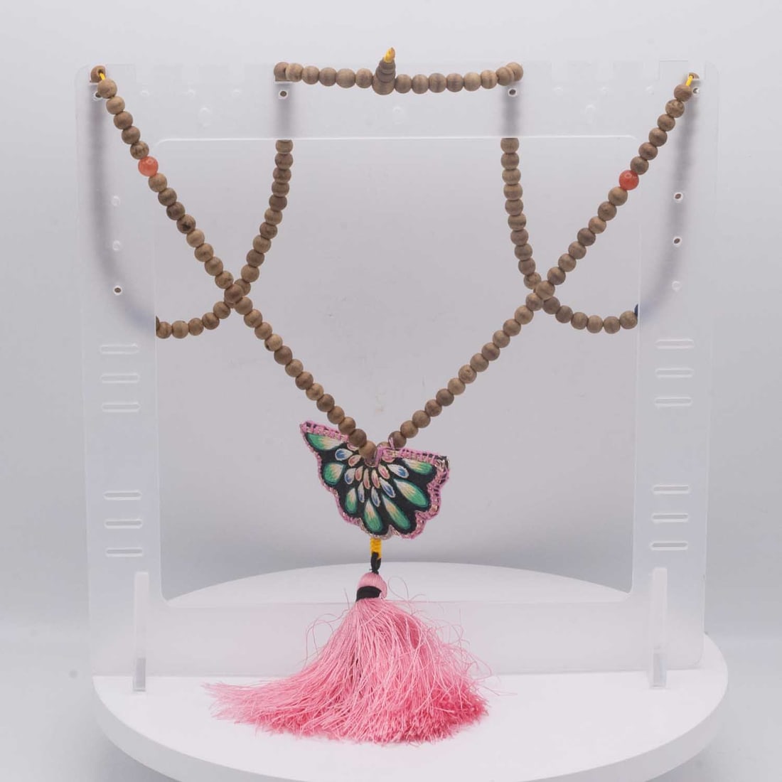 Vintage Chinese Agarwood Bead Mala Necklace with Butterfly Sachet Pendant and Pink Tassel: Medium: Agarwood Size: 21 inches long Age/Detail: Vintage Chinese Condition: Great overall, check photo for reference Provenance: Collection from Estate in Jamaica Please view all the photos as they a