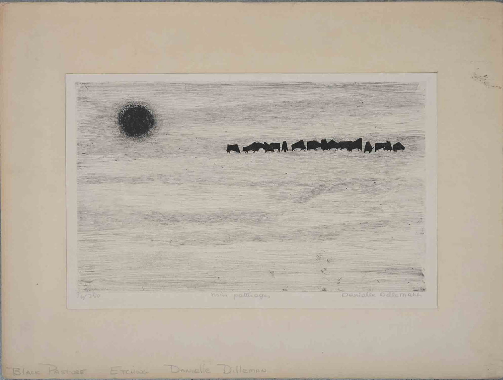 Vintage Danielle Dilleman 16/250 Limited Edition Etching On Paper "Black Pasture": Title: Black Pasture Medium: 16/250 Limited Edition Etching On Paper Size: 13 x 8 inches Frame: 18 x 13 inches Age: Vintage Condition: Great, please check photo for condition reference Provenance: Pen
