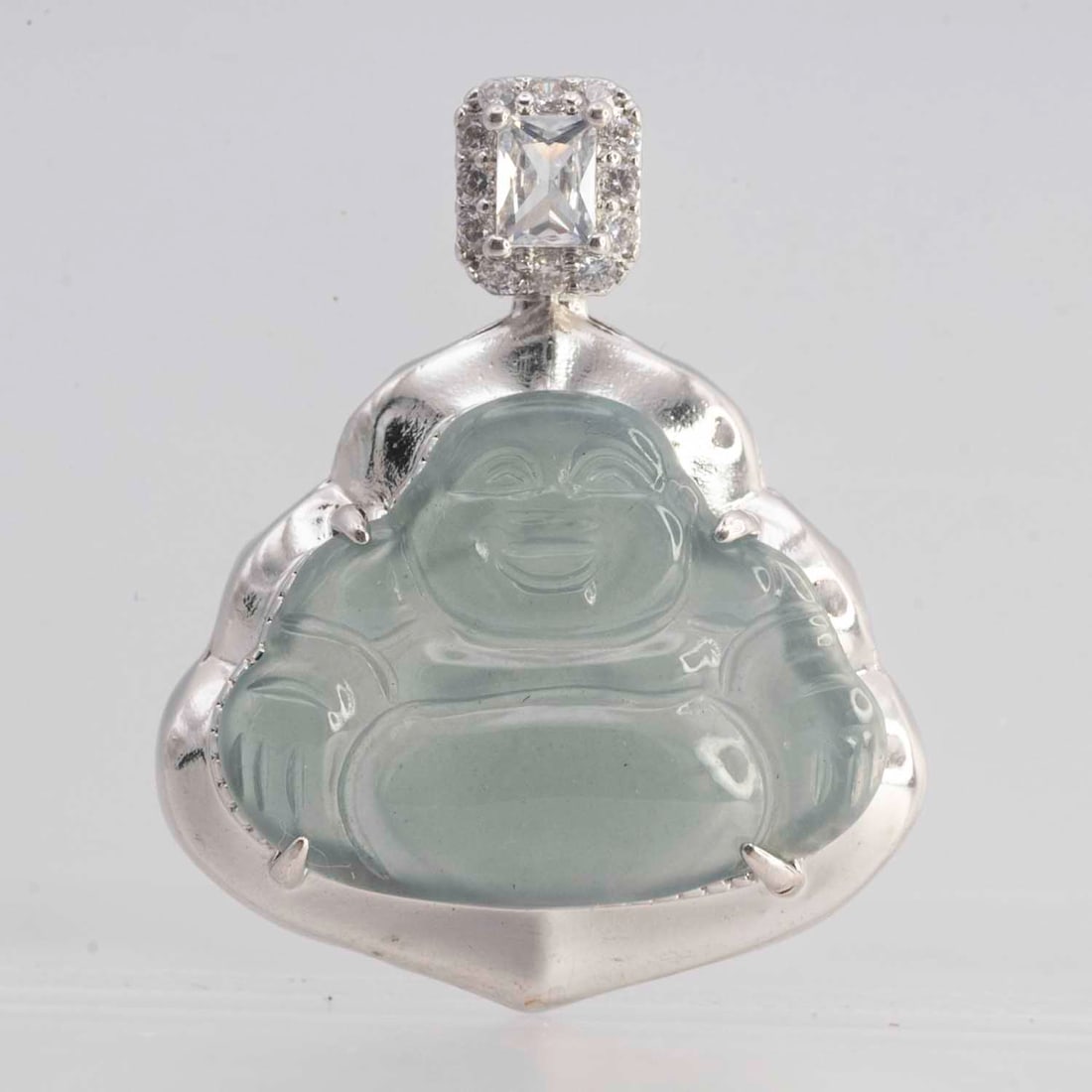 Chinese Natural Icy Jade Laughing Buddha Pendant: Medium: Natural Icy Jade Size: 1x1.1x0.4 inches Age/Detail: Chinese Condition: great overall, check photo for condition reference. Provenance: Collection from Estate in Williamsburg Please view all th
