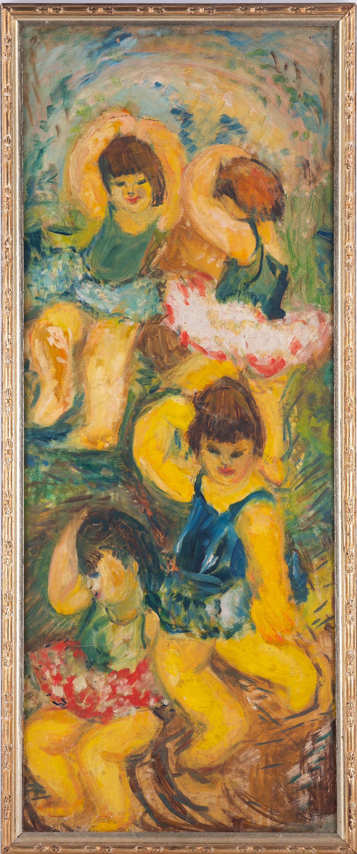 Vintage Modernist Oil On Masonite "Children Playing": Title: Children Playing Medium: Oil On Masonite Size: 30 x 12 inches Frame: 31 x 13 inches Age: Vintage Condition: painting is in excellent condition. Signature: Unsigned Provenance: Collection from E