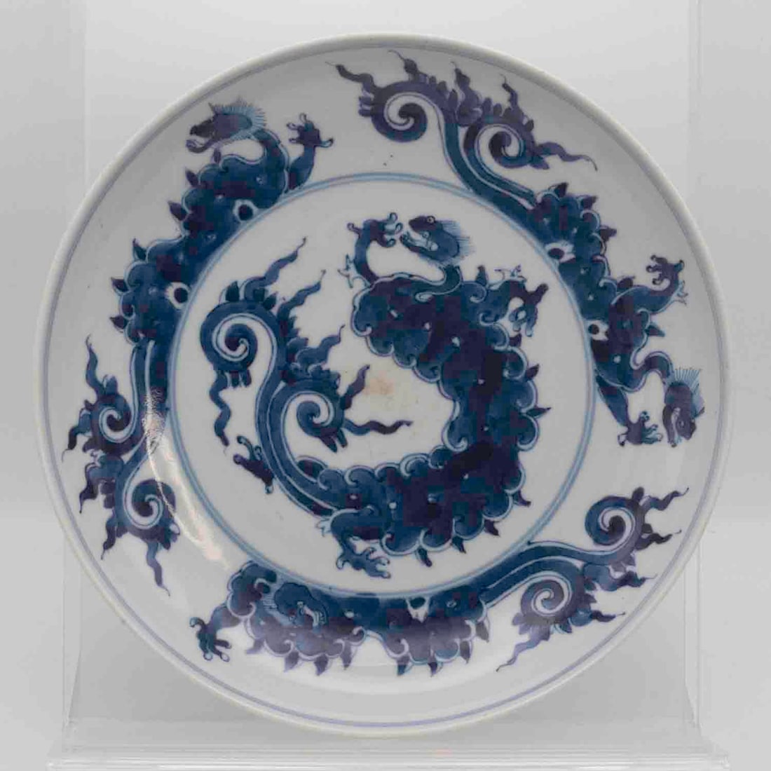 Antique Chinese Ming Style Blue And White Porcelain Dragon Plate: Medium: Blue And White Porcelain Size: 8.8x8.8x1.6 inches Age/Detail: Antique Chinese Ming Style Condition: great overall, check photo for condition reference. Provenance: Collection from Estate in Wi