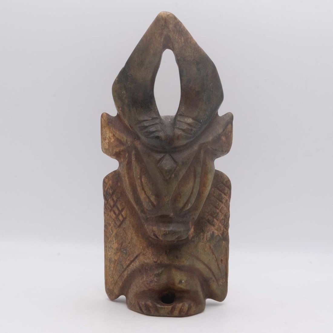 Antique Chinese Hongshan Culture Jade Sun God Figure: Medium: Jade Size: 4x2.3x8.5 inches Age/Detail: Antique Chinese Hongshan Culture Condition: great overall, check photo for condition reference. Provenance: Collection from Estate in Williamsburg Pleas