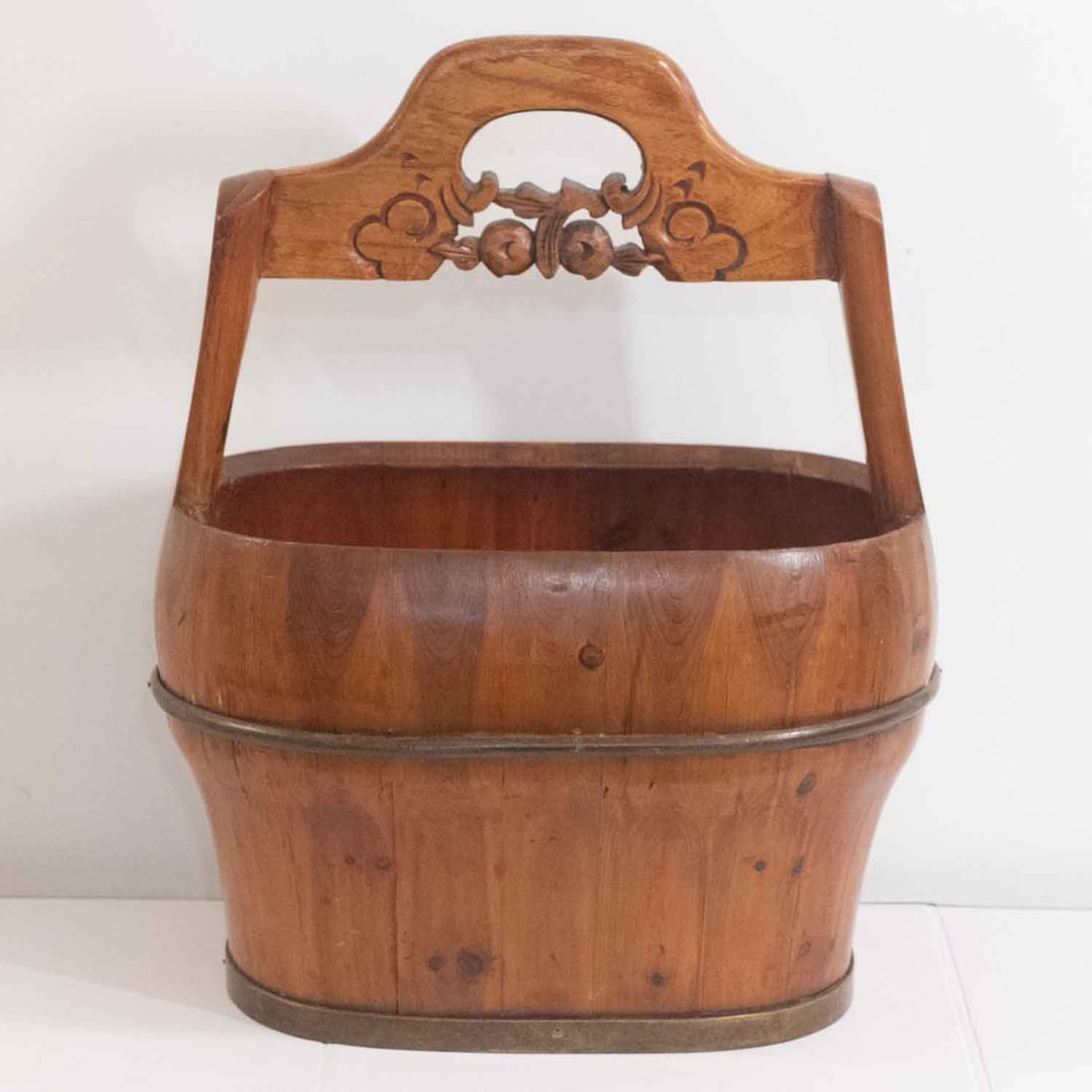 Antique Chinese Carved Wood Bucket: Medium: Wood Size: 14x10x19 inches Age/Detail: Antique Chinese Carved Condition: great overall, check photo for condition reference. Provenance: Collection from Estate in Williamsburg Please view all 