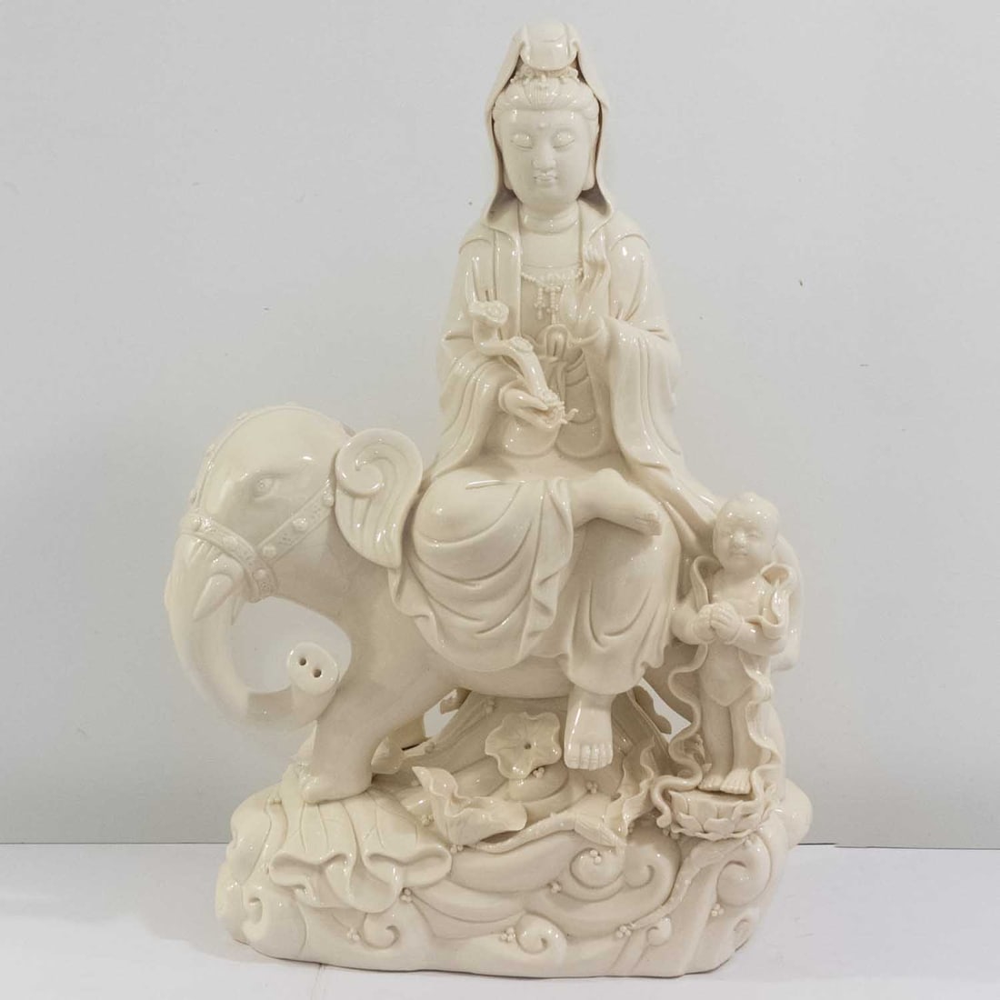 Old Chinese Dehua China Porcelain Guanyin On Elephant Sculpture: Medium: Dehua China Porcelain Size: 14.5x7x19.5 inches Age/Detail: Old Chinese Condition: great overall, check photo for condition reference. Provenance: Collection from Estate in Williamsburg Please 