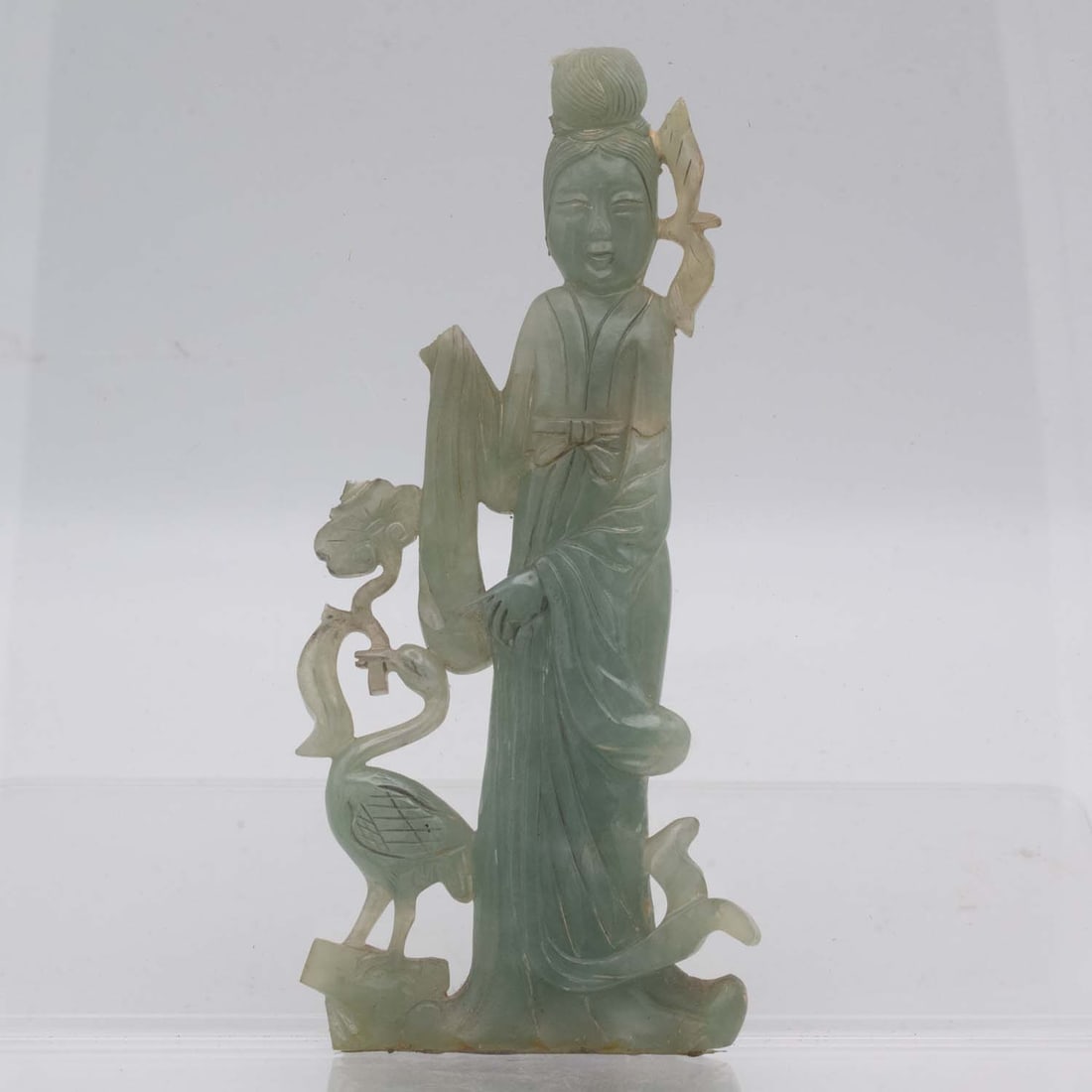 Antique Chinese Carved Natural Jadeite Lady Figure: Medium: Natural Jadeite Size: 6.3x3x0.7 inches Age/Detail: Antique Chinese Carved Condition: broken part, great overall, check photo for condition reference. Provenance: Collection from Estate in Trib