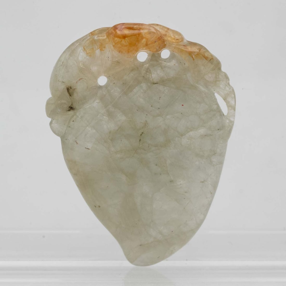 Chinese Carved Natural Jade Pendant: Medium: Natural Jade Size: 1.4x1x0.2 inches Age/Detail: Chinese Carved Condition: great overall, check photo for condition reference. Provenance: Collection from Estate in Williamsburg Please view all