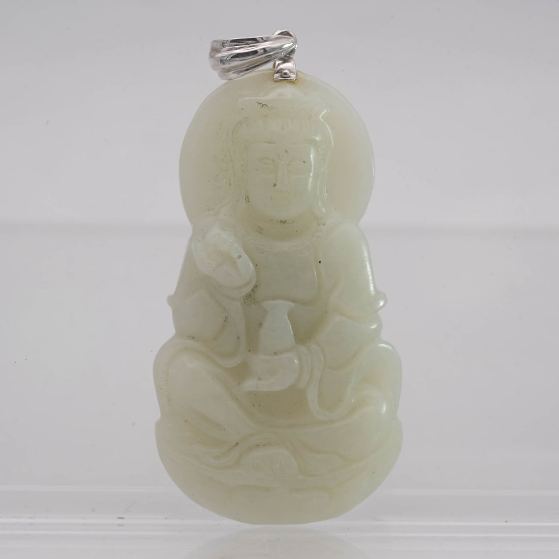 Chinese Carved Jadeite Guanyin Bodhisattva Pendant: Medium: Jadeite Size: 2x1.2x0.4 inches inner diameter Age/Detail: Chinese Carved Condition: great overall, check photo for condition reference. Provenance: Collection from Estate in Tribecca Please vi