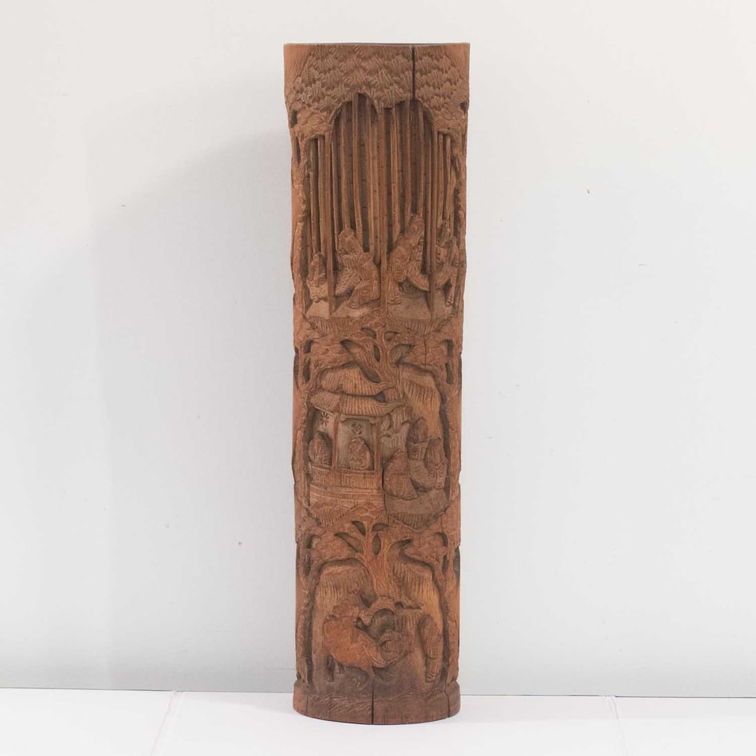 Antique Chinese Carved Bamboo Figural Brush Pot Bitong: Medium: Bamboo Figural Size: 18x5x4.3 inches Age/Detail: Antique Chinese Carved Condition: great overall, check photo for condition reference. Provenance: Please view all the photos as they are part o