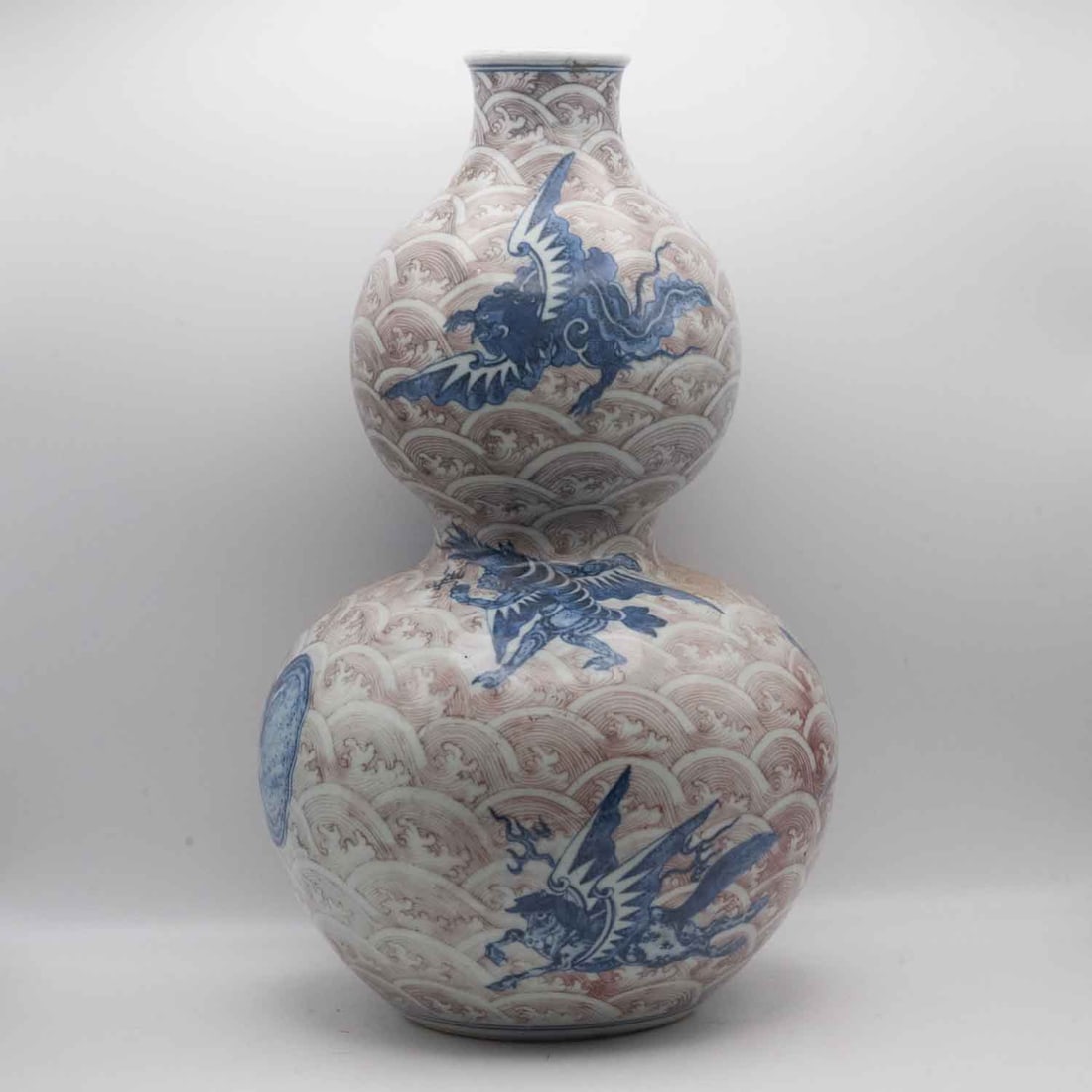 Antique Qing Dynasty Chinese Blue & Iron Red Porcelain Sea Beasts Double Gourd Vase: Medium: Blue & Iron Red Porcelain Size: 8x8x14.5 inches Age/Detail: Antique Qing Dynasty Chinese Condition: great overall, check photo for condition reference. Provenance: Please view all the photos a