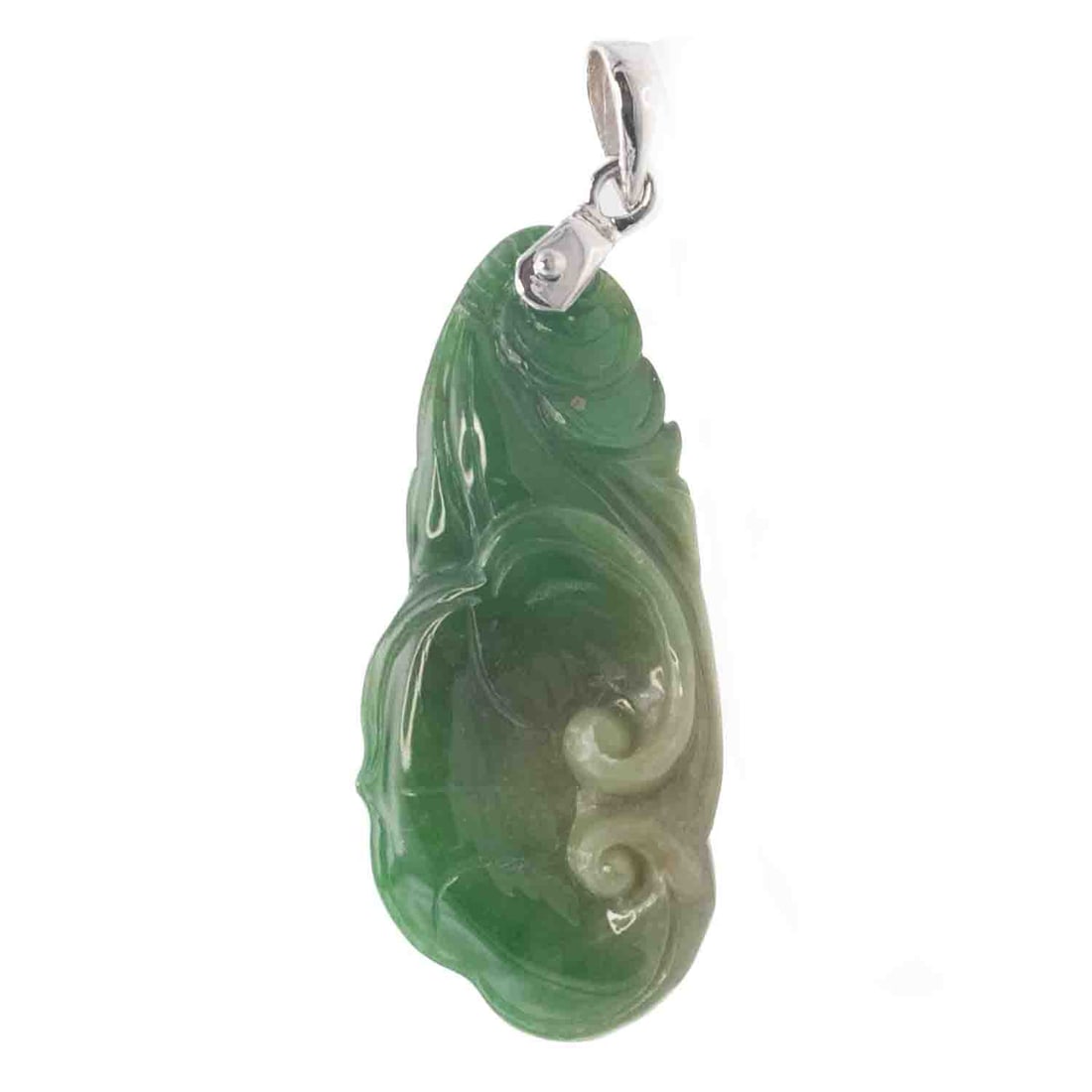14k White Gold Bail Natural Jadeite Fish And Ruyi Pendant: Medium: Natural Jadeite Size: 1.3x0.6x0.3 inches Age/Detail: 14k White Gold Bail Condition: great overall, check photo for condition reference. Provenance: Collection from Estate in Williamsburg Pleas