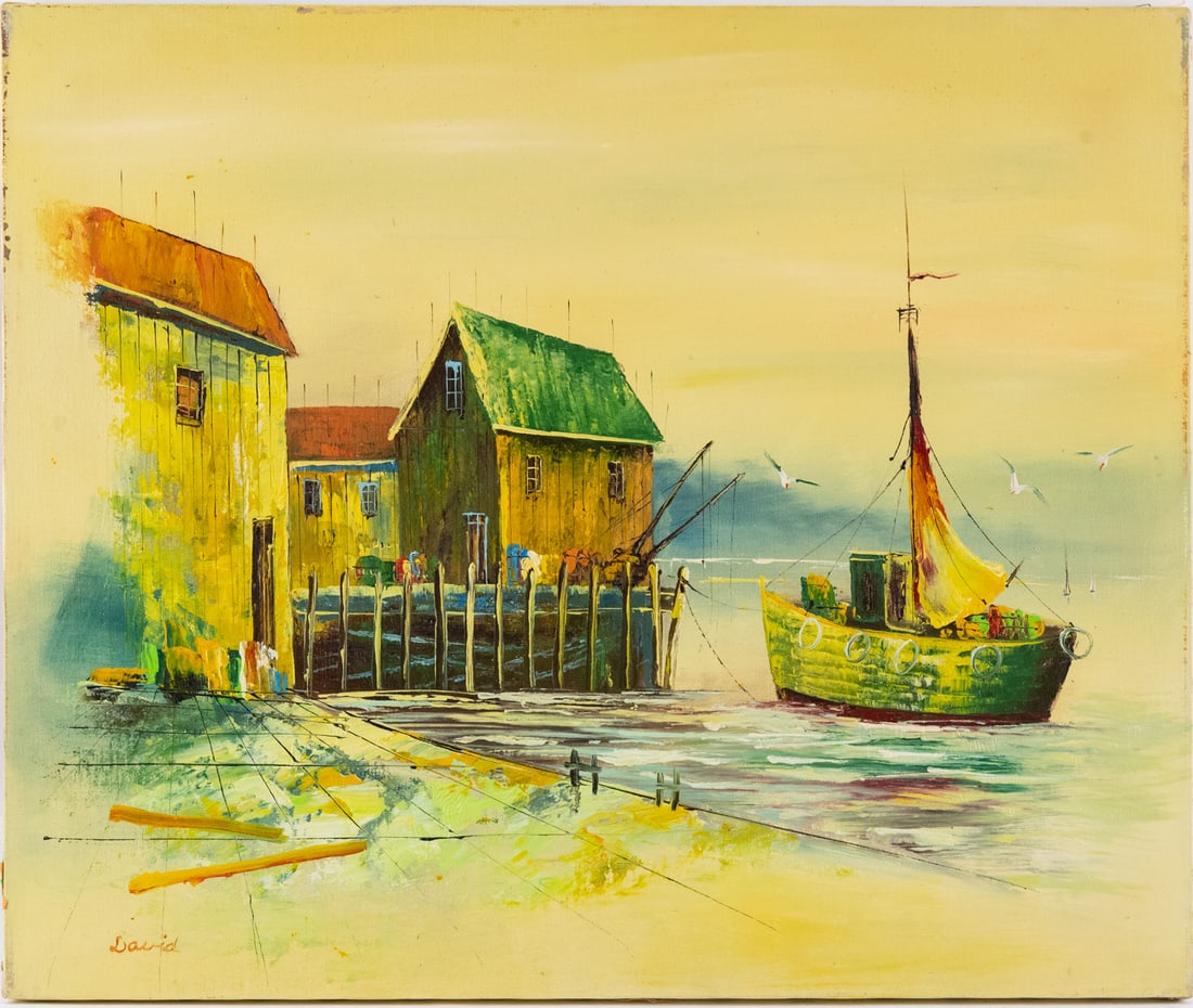 Vintage Decor Oil On Canvas "Harbor View": Title: Harbor View Medium: Oil On Canvas Size: 20 x 24 inches Age: Vintage Condition: Great Overall All Signature: Signed Provenance: Collection From Glen Cove Please view all the photos as they are p