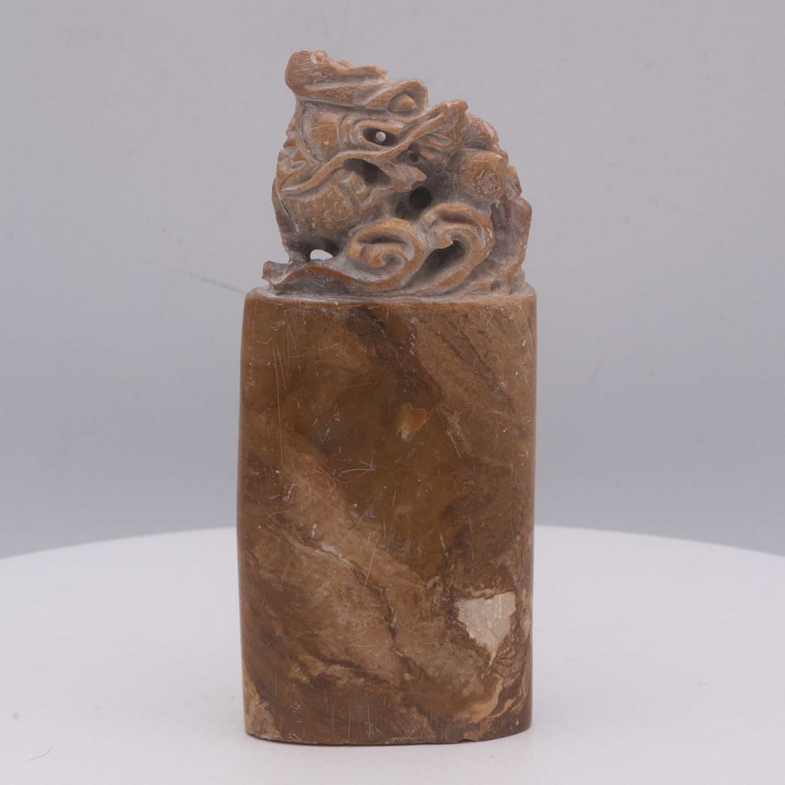 Chinese Carved Shoushan Stone Dragon Finial Seal Chop: Medium: Shoushan Stone Size: 1.8x1x4 inches Age/Detail: Chinese Carved Condition: great overall, check photo for condition reference. Provenance: Please view all the photos as they are part of the con