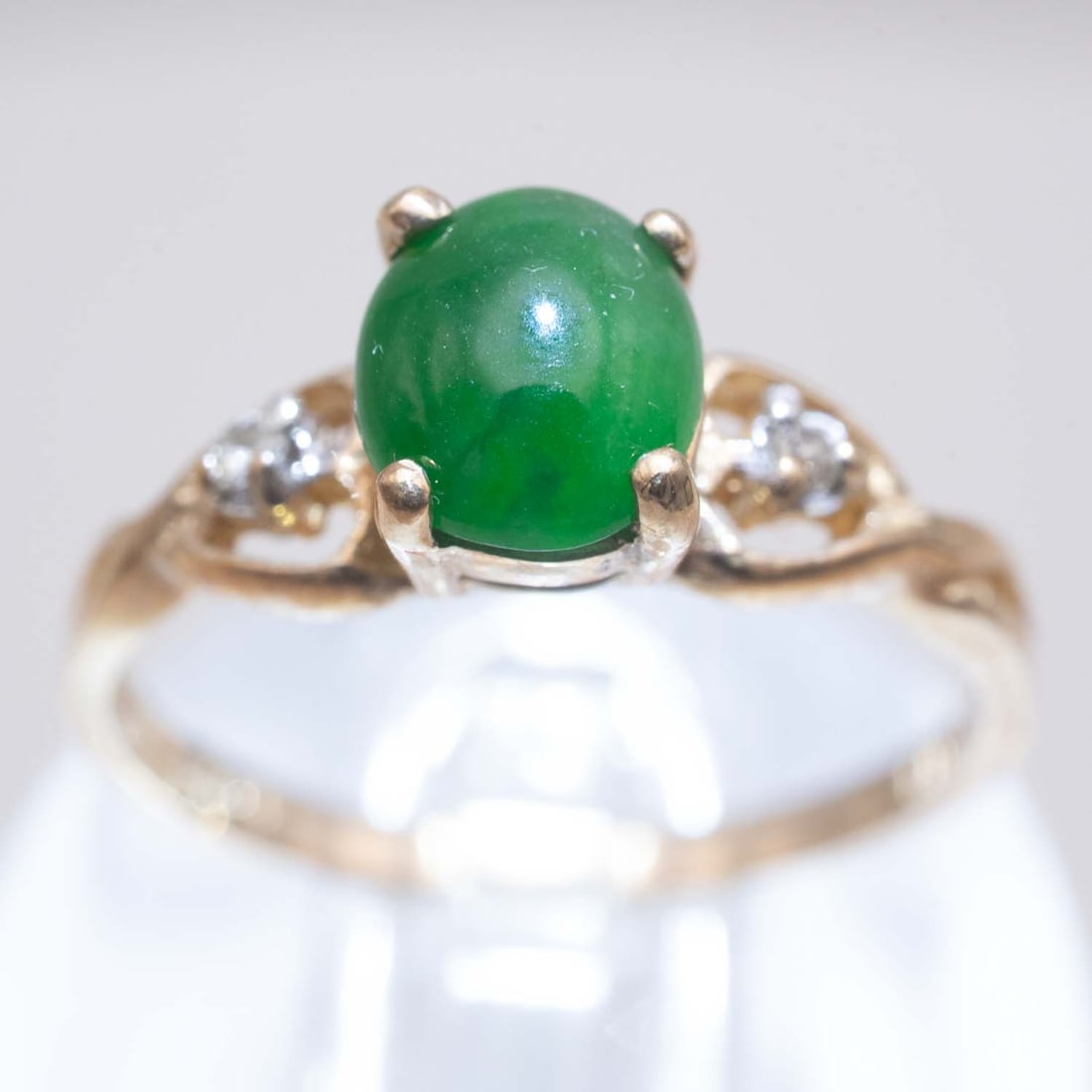 10k Gold Natural Icy Type A Jadeite Ring: Medium: Natural Icy Type A Jadeite Size: US6.5 2.3gram Age/Detail: 10k Gold Condition: great overall, check photo for condition reference. Provenance: Collection from Estate in Tribecca Please view al